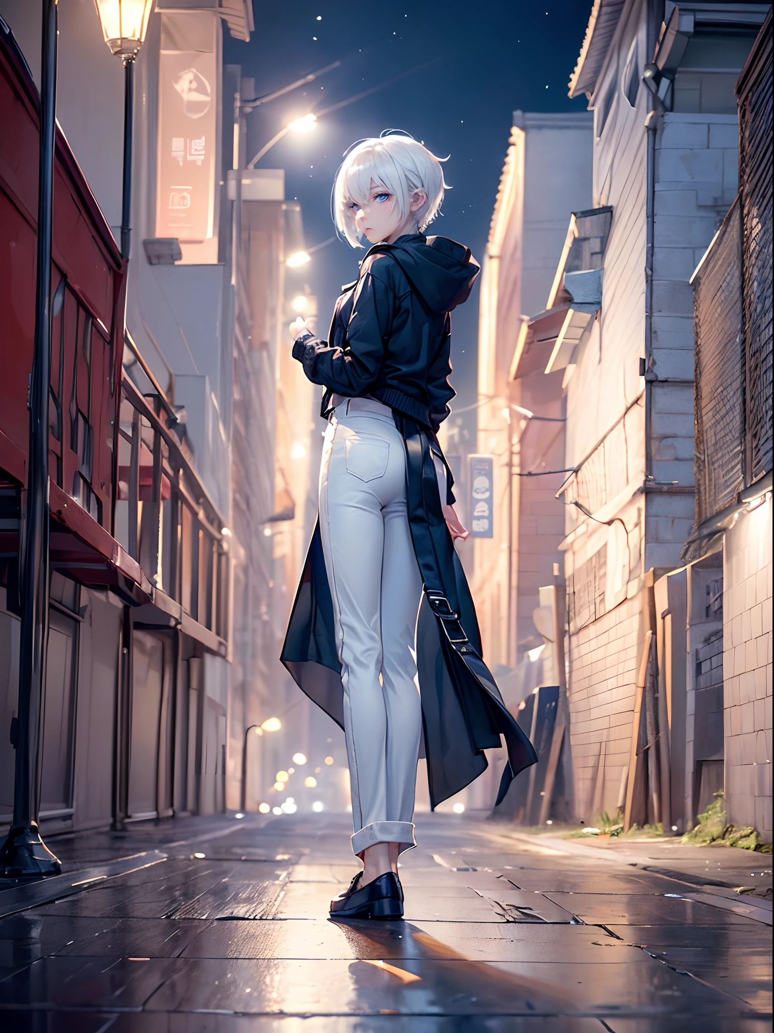 ((4K works))、​masterpiece、(top-quality)、One Beautiful Girl、Slim body、tall、((Black Y-shirt and white pants、Charming street style))、Please wear one jacket、Wearing a hood to hide his face、(Detailed beautiful eyes)、Midnight Walk、During the walk、Walking under a dark sky、saddened、suffocating、desolate、solitude、Unhappy、((Face similar to Carly Rae Jepsen))、((Short-haired white hair))、((Smaller face))、((Neutral face))、((Bright blue eyes))、((American adult women))、((Adult female 26 years old))、((cool lady))、((Like a celebrity))、((Korean Makeup))、((elongated and sharp eyes))、((Happy dating))、((boyish))、Professional Photos、((Shot alone))、((He is on a walk))、((He is walking in front of the viewer))、((shot from back))、((photographed from the back))、((Photograph of the back of the head))