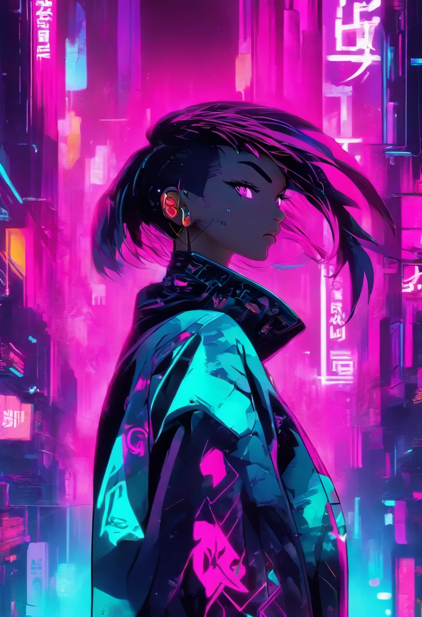 a cyberpunk model posing in a neon city, zooglefloodle, synthwave art, futurism, pop art, digital painting, graffiti art, fuchsia, cyan, silver, black, neon, sleek, geometric, tilted angle, cinematic lighting, highly stylized, cyberpunk, avant-garde perspective