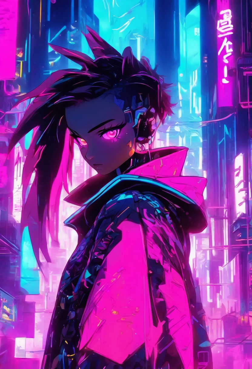 a cyberpunk model posing in a neon city, zooglefloodle, synthwave art, futurism, pop art, digital painting, graffiti art, fuchsia, cyan, silver, black, neon, sleek, geometric, tilted angle, cinematic lighting, highly stylized, cyberpunk, avant-garde perspective