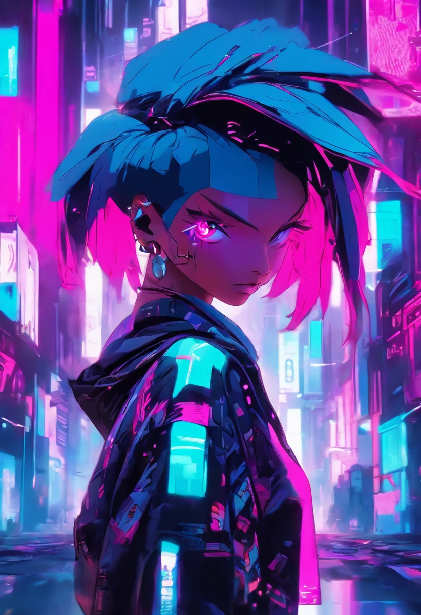 a cyberpunk model posing in a neon city, zooglefloodle, synthwave art, futurism, pop art, digital painting, graffiti art, fuchsia, cyan, silver, black, neon, sleek, geometric, tilted angle, cinematic lighting, highly stylized, cyberpunk, avant-garde perspective