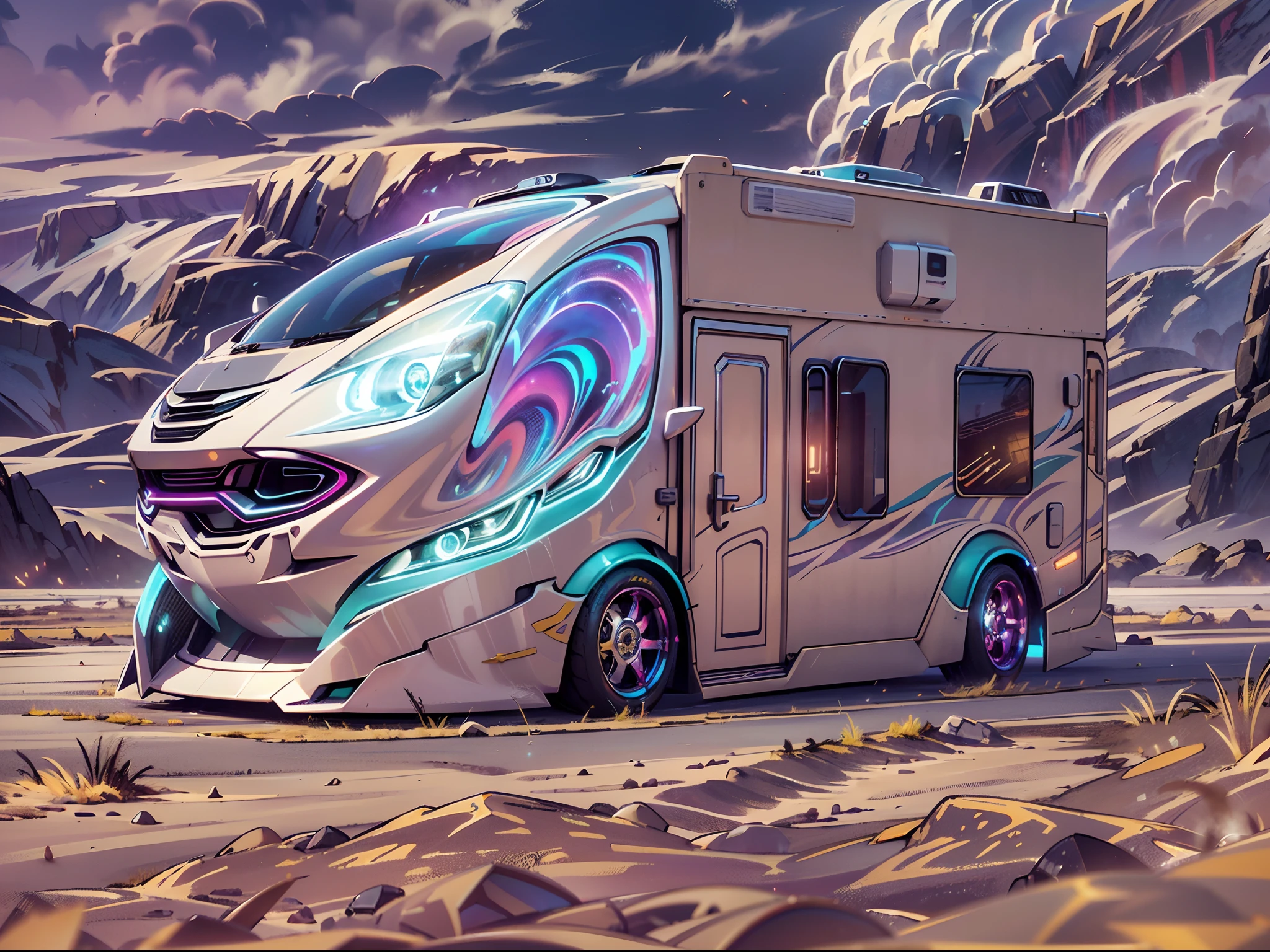 （Medium shot），（1 futuristic sci-fi motorhome：1.5）(1 complex sci-fi futuristic RV made by Gundam mechs，The nose of the RV is made from the head of a Gundam mech，The entire motorhome is made of titanium alloy and white plastic，Sci-fi from start to finish，The body of this motorhome has a streamlined design，Exudes a metallic sheen，Details with metallic ice texture，Mechanical technology process manufacturing of the future，A cold mechanical car with beautiful lines，The double car doors open，Inside luxurious interiors and interiors，neonlight，Laser bed, holographic body)， (cozily，camping，camp，tenten，bonfires)，vivd colour, Fantasy mythology ancient site background, Front light，Masterpiece, concept-art, Fantasy theme,voluminetric lighting, Global illumination, Reflection, hyper HD，The light is bright，RGB colors，vibrant with colors