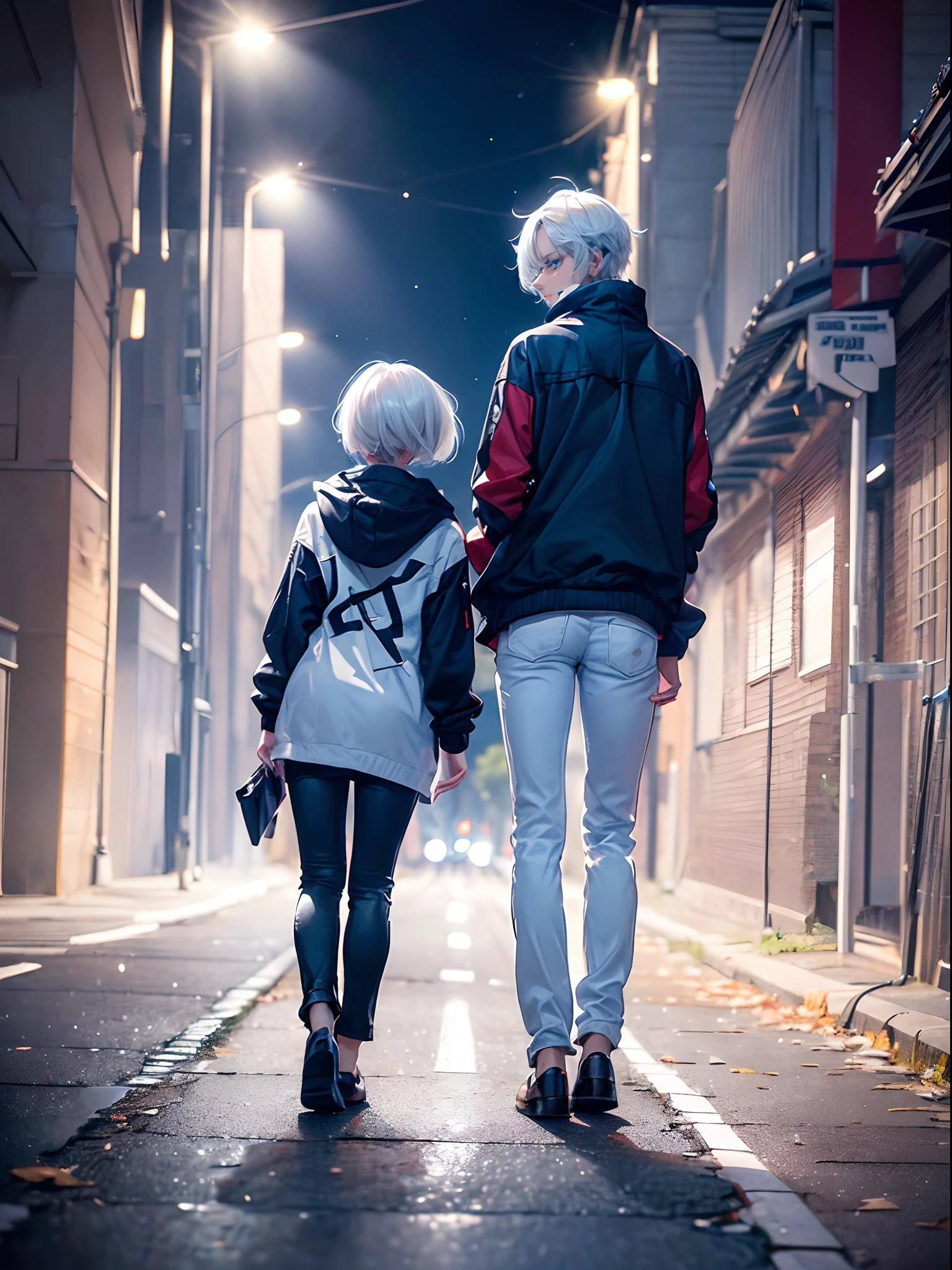 ((4K works))、​masterpiece、(top-quality)、One Beautiful Girl、Slim body、tall、((Black Y-shirt and white pants、Charming street style))、Please wear one jacket、Wearing a hood to hide his face、(Detailed beautiful eyes)、Midnight Walk、During the walk、Walking under a dark sky、saddened、suffocating、desolate、solitude、Unhappy、((Face similar to Carly Rae Jepsen))、((Short-haired white hair))、((Smaller face))、((Neutral face))、((Bright blue eyes))、((American adult women))、((Adult female 26 years old))、((cool lady))、((Like a celebrity))、((Korean Makeup))、((elongated and sharp eyes))、((Happy dating))、((boyish))、Professional Photos、((Shot alone))、((He is on a walk))、((He is walking in front of the viewer))、((shot from back))、((photographed from the back))、((Photograph of the back of the head))