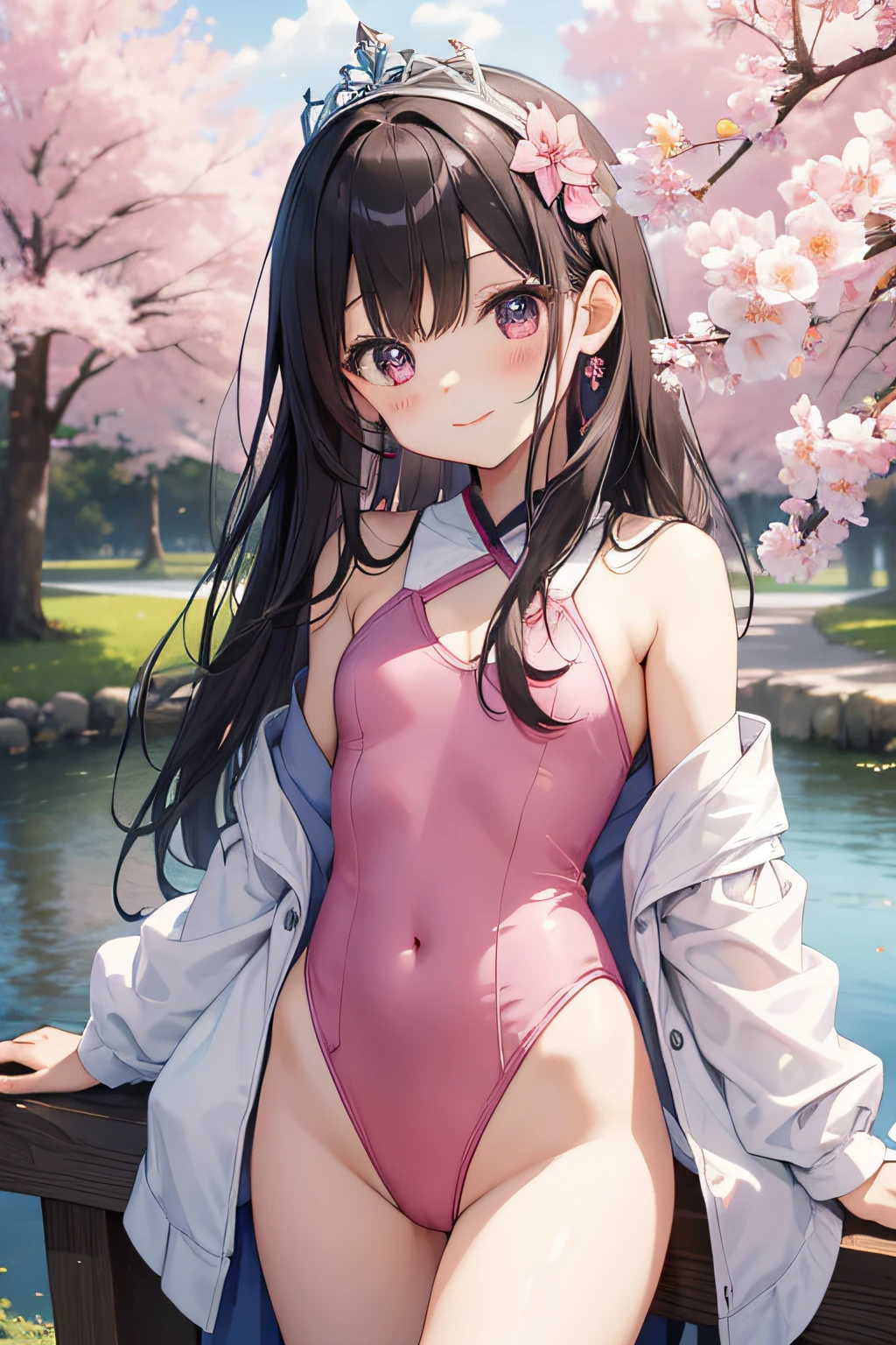 top-quality、extremely delicate and beautiful、Soio、Soio、8-year-old 、japanes、Lori、Chiquita、elementary student、A dark-haired、cheer girl、((Pink leotard))、(highleg)、Tiara on the head、A smile、is standing、Facing the front、Pond in the background、the woods、cherry trees