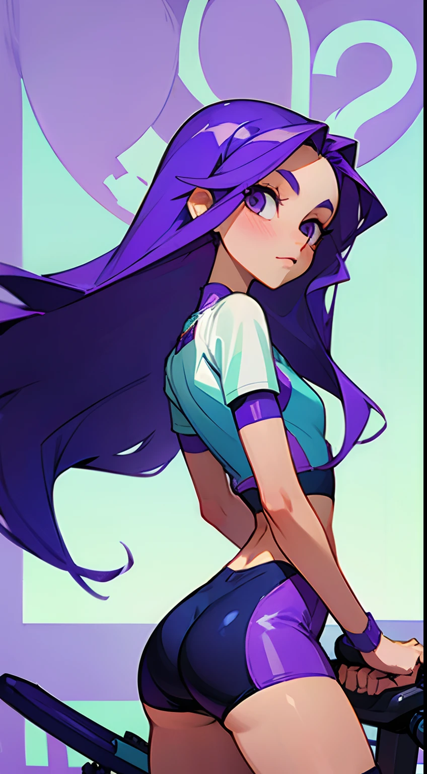 Girl with long thin purple hair, White Skin Skin, Vysokoch, Skinny, beatiful face, sharp facial features, little chest, In cycling shorts, white sneakers, Squatting, spreads the legs, seen from behind, ass