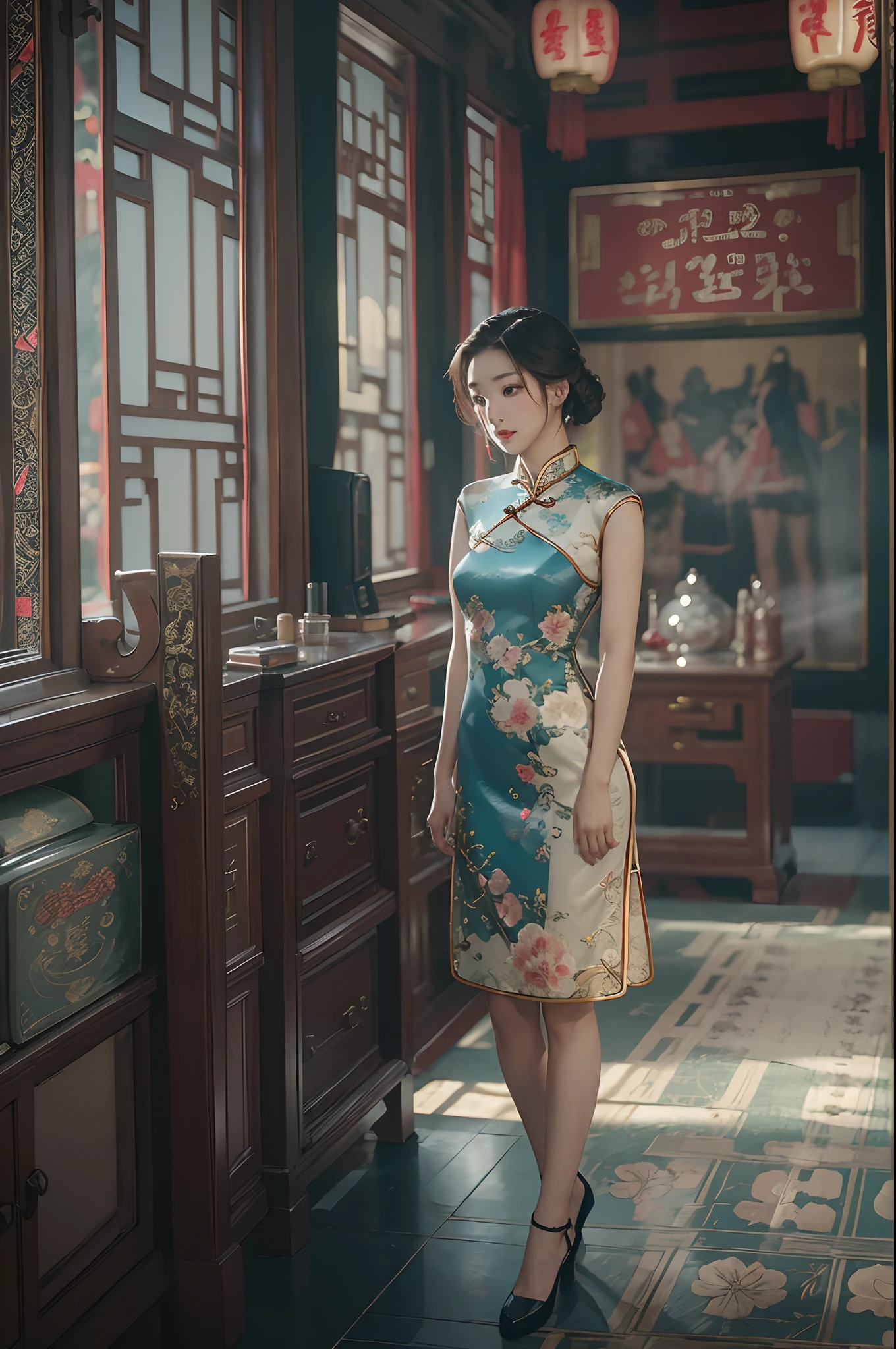 (masterpiece), (best quality), (perfect body), 1girl, stunning beauty, beautiful girl, 40s Shanghai style, cheongsam, cinematic, film photography, old film color, Fujifilm, indoor, posing