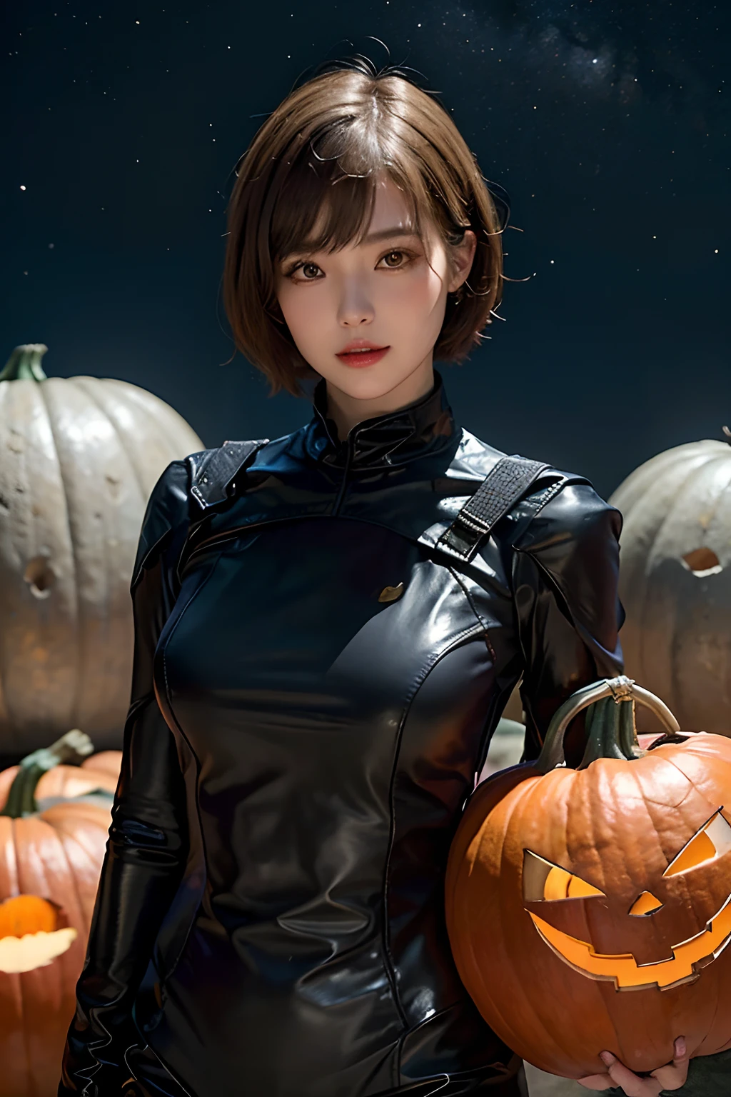 top-quality、​masterpiece、超A high resolution、(realisitic:1.4)、Beautuful Women１、Beautiful detail eyes and skin、ssmile、Light brown short-cut hair、The perfect spacesuit、spaceships、cosmic space、Giant pumpkin、the bats、Halloween、