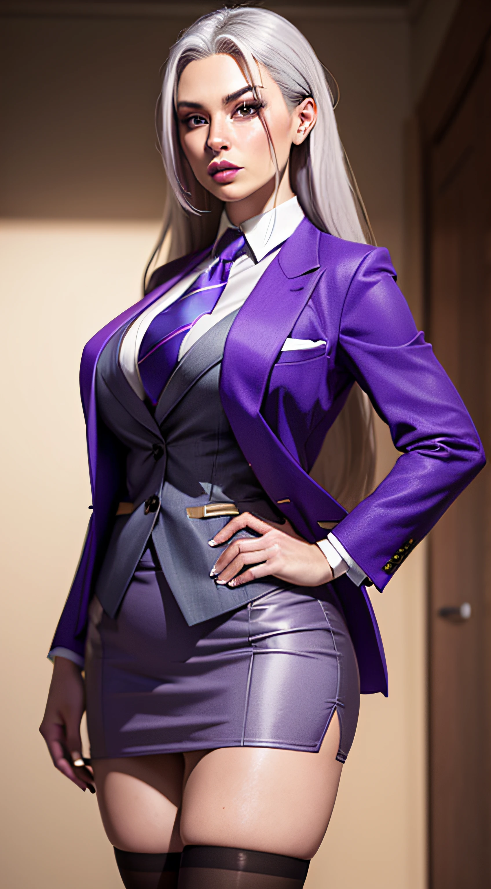 1 woman, SFW, perfect lighting, seios grandes,
gray hair
Sindel's Hair
long hair pulled back
Long, straight hair back
multicolored hair
Sindel, 8k, perfect hands,((obra-prima)), purple skirt suit, suit and tie, (((three-piece suit))), silk dress shirt, shirt and tie, striped necktie, ((blazer)), ((suit jacket)), open jacket, ((waistcoat)), bodycon miniskirt, tights, pocket square, tie clip, | |
microvestido, MILF,