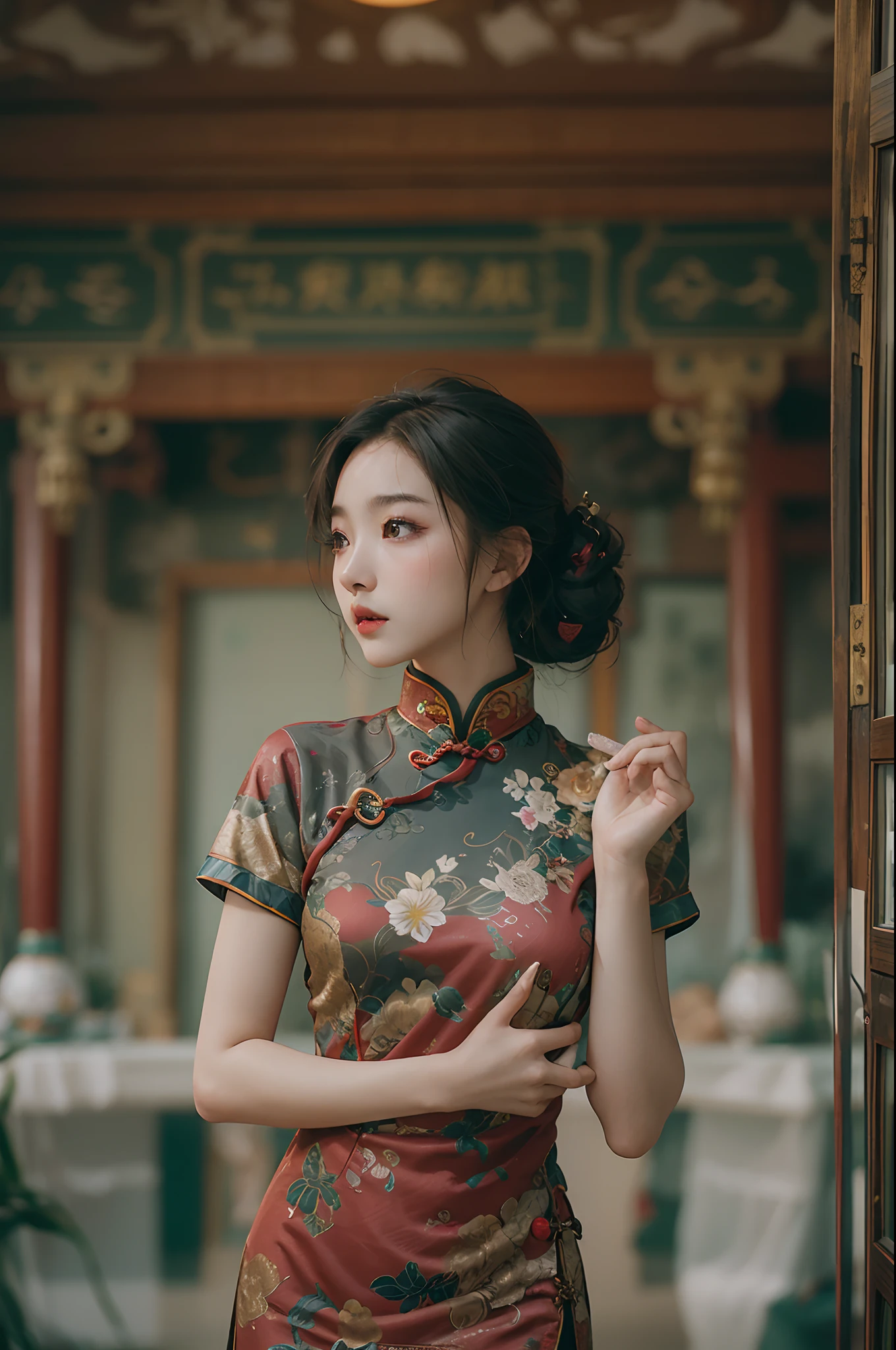 (masterpiece), (best quality), (perfect body), 1girl, stunning beauty, beautiful girl, 40s Shanghai style, cheongsam, cinematic, film photography, old film color, Fujifilm, indoor, posing