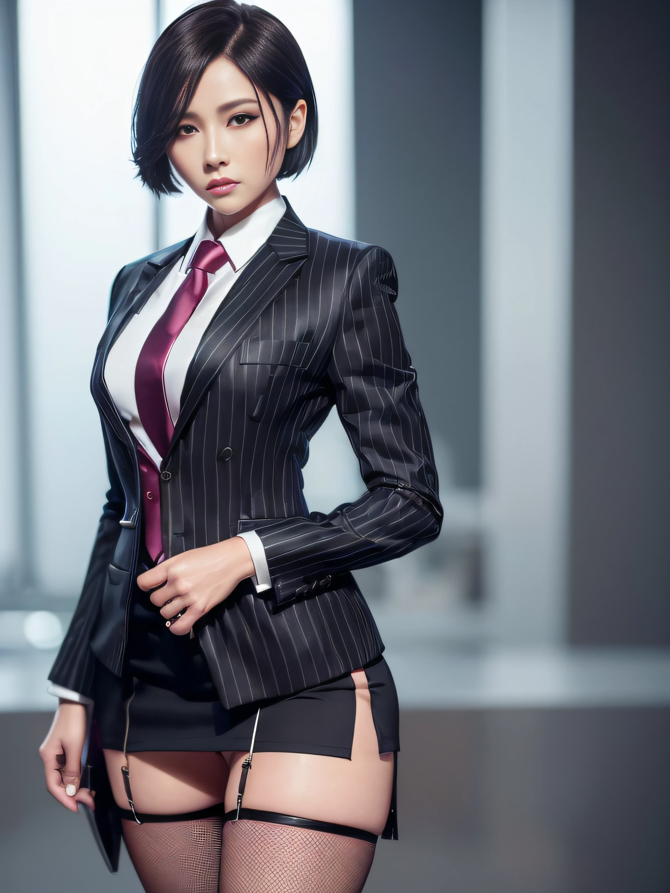 1 woman, ada wong, fully clothed, skirt suit, suit and tie, (((three-piece suit))), silk dress shirt, shirt and tie, necktie, ((blazer)), ((suit jacket)) ((waistcoat)), ((bodycon miniskirt)), pantyhose, tights, stockings, ((pinstripe suit)), high heels, tie clip, pocket square, tailored suit, (((cufflinks))),