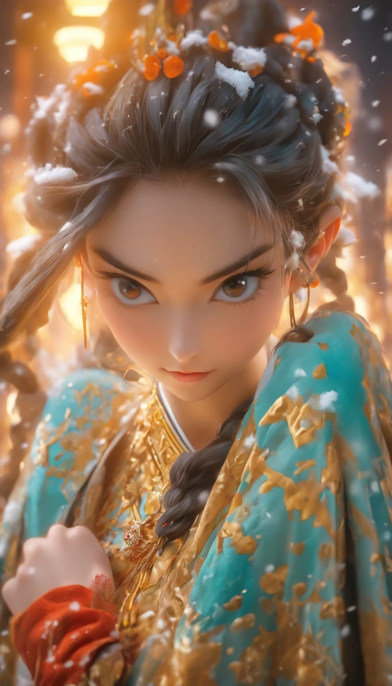 32K(tmasterpiece,k hd,hyper HD,32K)short detailed hair,Gold jewelry area in the back room,Flame Girl ,Yao Lang protector (realisticlying:1.4),Python pattern robe, Black tiara,Snowflakes fluttering,The background is pure,Hold your head high,Be proud,The nostrils look at people, A high resolution, the detail, RAW photogr, Sharp Re, Nikon D850 Film Stock Photo by Jefferies Lee 4 Kodak Portra 400 Camera F1.6 shots, Rich colors, ultra-realistic vivid textures, Dramatic lighting, Unreal Engine Art Station Trend, cinestir 800,Hold your head high,Be proud,The nostrils look at people