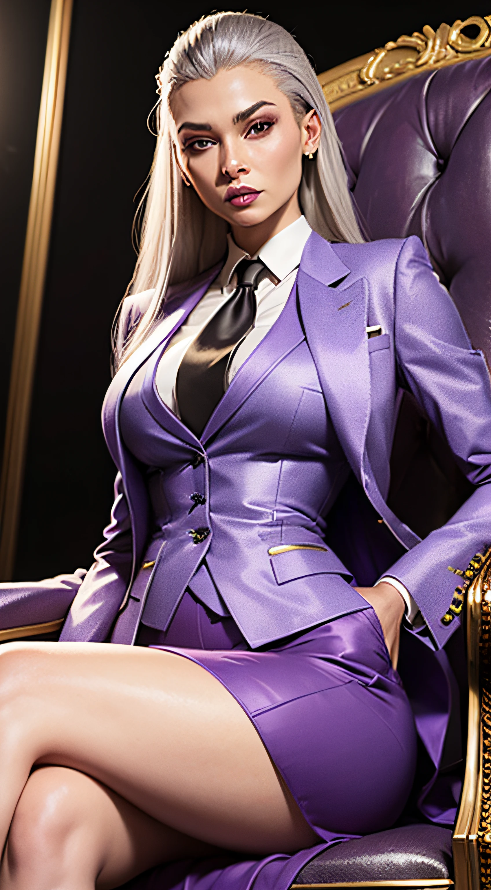 1 woman, SFW, perfect lighting, seios grandes,
gray hair
Sindel's Hair
long hair pulled back
Long, straight hair back
multicolored hair,
Sindel, 8k, perfect hands,((obra-prima)), purple skirt suit, satin suit and tie, (((three-piece suit))), silk dress shirt, shirt and tie, silk floral necktie, ((blazer)), ((suit jacket)), open jacket, ((waistcoat)), bodycon miniskirt, tights, pocket square, tie clip, | |
microvestido, MILF, sitting on throne, queen, empress, crossed legs, high class,