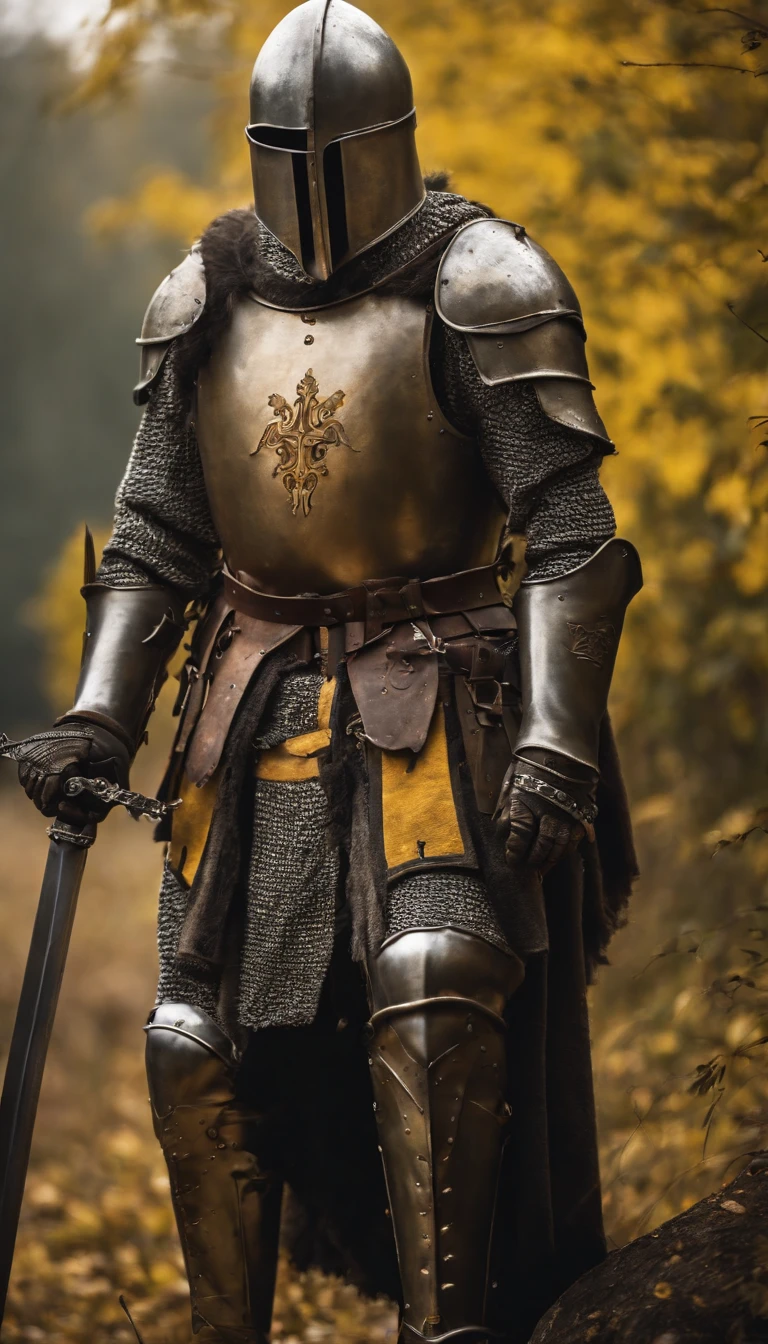 A medieval knight、Holy medieval knight、Mysterious knight、Yellow armor、With a murderous look on one's face、Ultra photo realsisim.