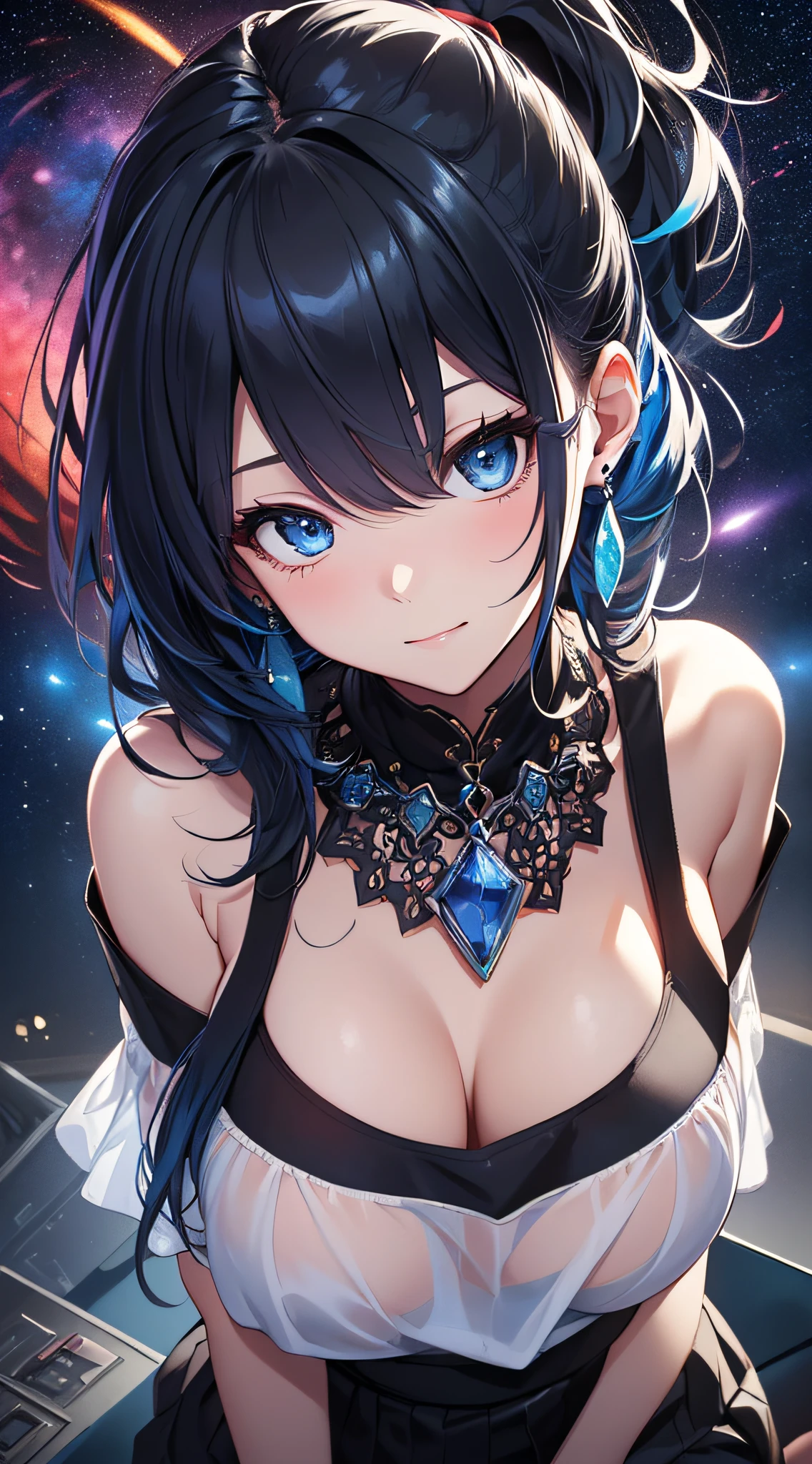 top-quality、Top image quality、masterpiece、girl with((cute little、18year old、Best Bust、Medium bust、Bust 85,Beautiful blue eyes、Breasts wide open,Black Short Sleeve T-Shirt、White see-through、Black short skirt、Ponytail with black hair、Beautiful blue earrings、A slender、Blue hair mesh、、Leaning forward、Poses that emphasize breasts、Drunk、Being drunk、close to viewer、Kamimei、from above、Shy face、dye one's cheeks red))hiquality、Beautiful Art、Background with((Red and blue lighting、Planetarium Town、Beautiful starry sky、Illumination Town)),masutepiece、Elaborate design、visualart、depth of fields、The best lighting、highestdetailed、8k