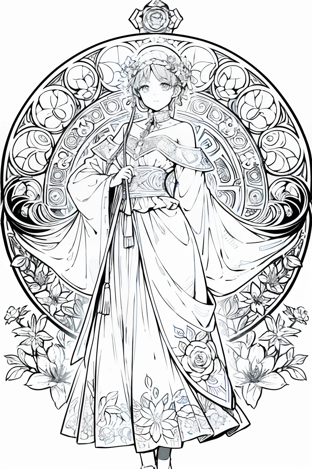 Dibujo de flores, Marco floral, Panel decorativo, abstracto
Arte de Alphonse Mucha, Sketchfab, Draw lines and scenes without colors or shadows.
(obra-prima, mejor calidad, Altas Resoluciones: 1.4), detallado, Detalles intrincados, 4k, toques de color, Arte lineal, Fibonacci,