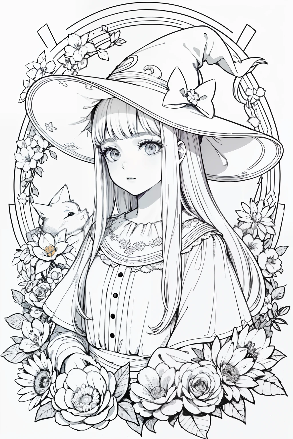 obra maestra, superlativo, Gato blanco con sombrero de bruja blanco y ojos blancos, Femenino , solamente, Halloween lindo , calabaza blanca de Halloween, flower line drawing background, fondo blanco, Monocromo, line drawing, ((bosquejo)), espeluznante, Gato blanco