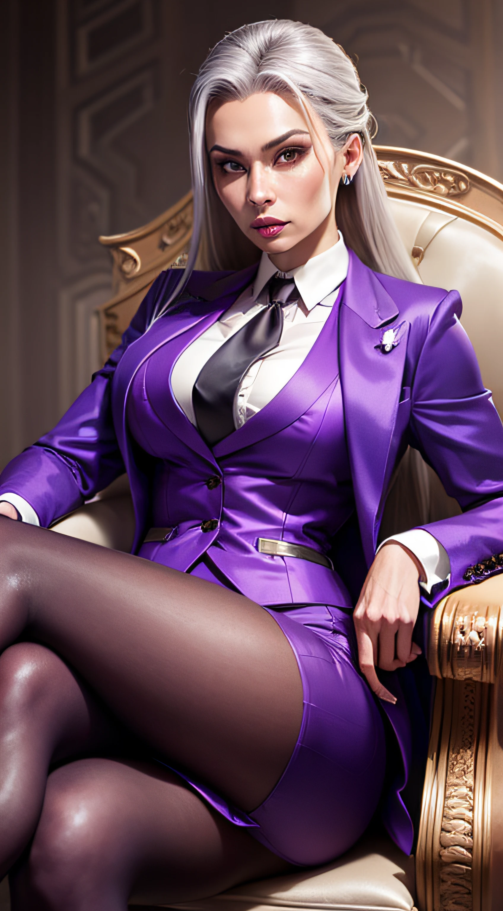 1 woman, SFW, perfect lighting, seios grandes,
gray hair
Sindel's Hair
long hair pulled back
Long, straight hair back
multicolored hair,
Sindel, 8k, perfect hands,((obra-prima)), purple skirt suit, satin suit and tie, (((three-piece suit))), silk dress shirt, shirt and tie, silk floral necktie, ((blazer)), ((suit jacket)), open jacket, ((waistcoat)), bodycon miniskirt, tights, pocket square, tie clip, | |
microvestido, MILF, sitting on throne, queen, empress, crossed legs, high class,