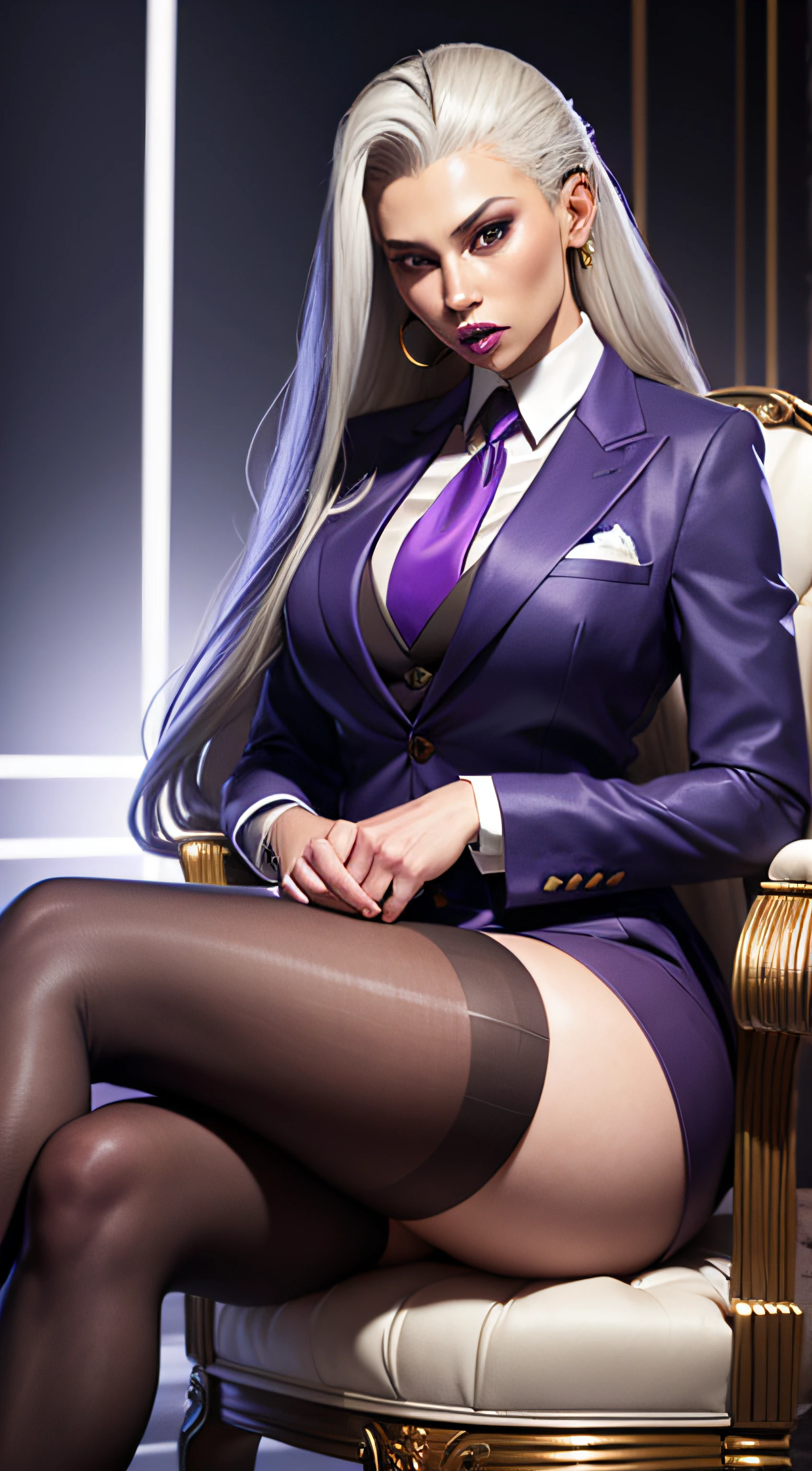 1 woman, SFW, perfect lighting, seios grandes,
gray hair
Sindel's Hair
long hair pulled back
Long, straight hair back
multicolored hair,
Sindel, 8k, perfect hands,((obra-prima)), purple skirt suit, satin suit and tie, (((three-piece suit))), silk dress shirt, shirt and tie, silk floral necktie, ((blazer)), ((suit jacket)), open jacket, ((waistcoat)), bodycon miniskirt, tights, pocket square, tie clip, | |
microvestido, MILF, sitting on throne, queen, empress, crossed legs, high class, blowjob, fellatio, facefuck, dick sucking, penis in mouth