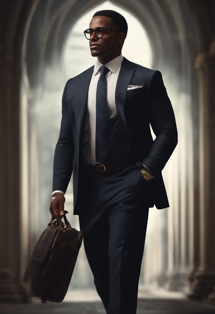 A professional picture of one short-haired African Latin American man wearing small intellectual glasses in a three-piece suit, low-angle shot, American shot, flat black background, character concept design, detailed, vivid, trending on ArtStation, Everett Warner, earl moran, Chafik Charobim, ignacio fernandez rios, Bill Lewis, thierry doizon style.