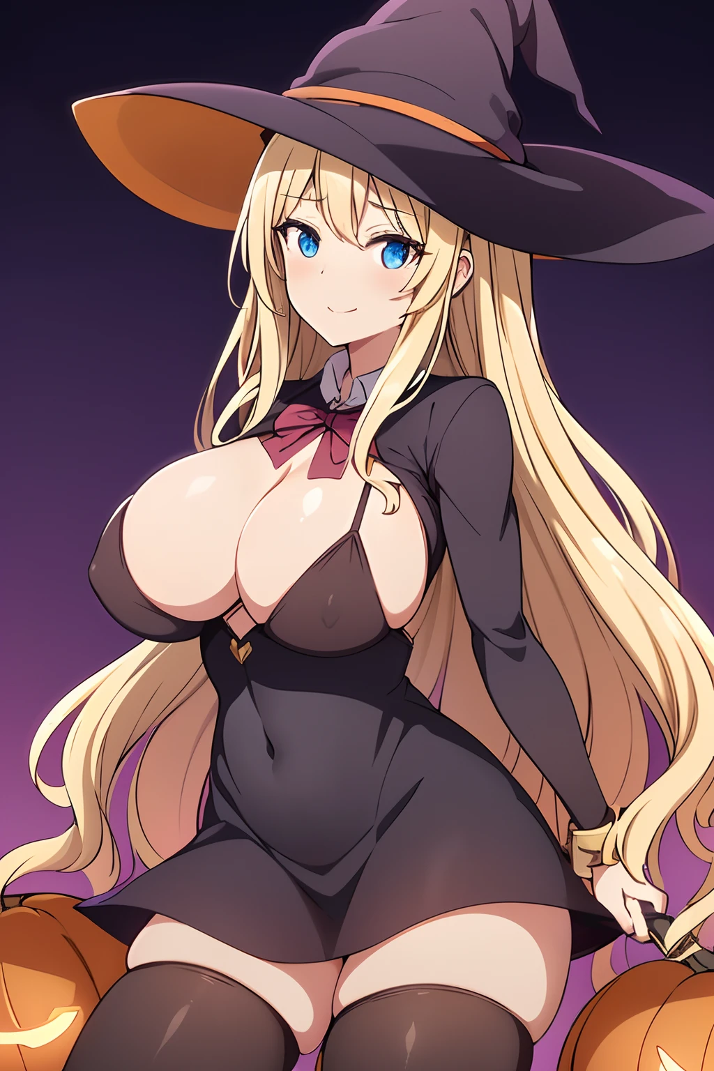 high-level image quality、top-quality、Beautuful Women、1 persons、ssmile、embarassed expression、pony tail hair、swim wears、knee high、Halloween Party、Halloween Cosplay、cinematlic lighting、Beautiful and perfect legs, Clean and perfect hands、Lots of jack-o'-lanterns,large full breasts, ((1 Beautiful Witch)), ((Blonde hair, long wavy hair with bangs,,,,,,,,,,,,,,,,,,)) (((Witch 1 person, Soio))) )) (()) blue eyes, Have a very sexy body, Narrow waist, And a very sexy body,(thighs thighs thighs thighs:1.45)、(large full breasts:1.4)、(barechested:1.1)