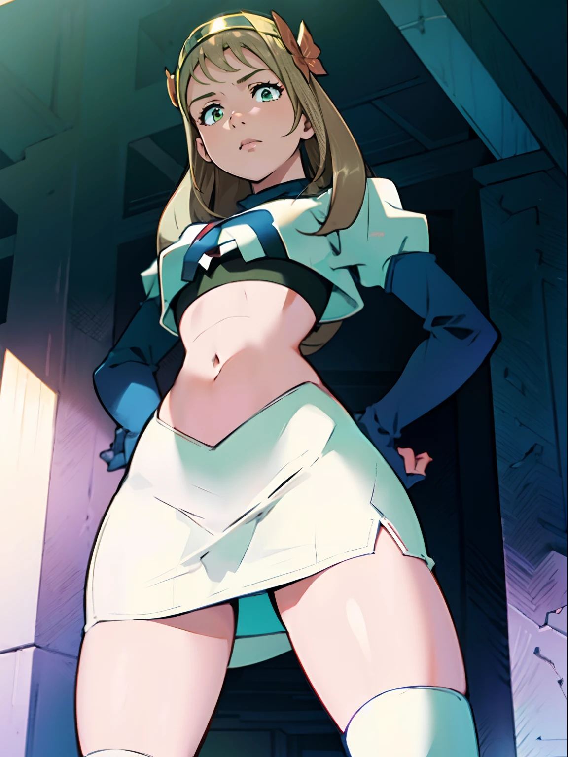 face of celine_engage, 1girl,team rocket,team rocket uniform, red letter R, white skirt,white crop top,black thigh-highs,black elbow gloves, looking down on you , hands on hips