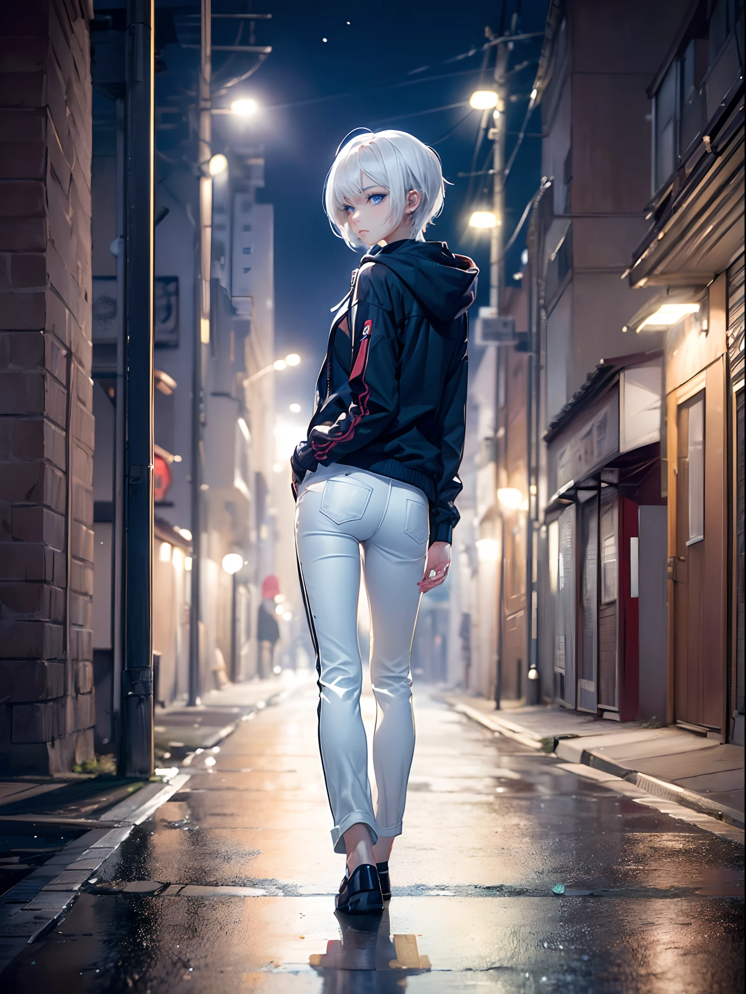 ((4K works))、​masterpiece、(top-quality)、One Beautiful Girl、Slim body、tall、((Black Y-shirt and white pants、Charming street style))、Please wear one jacket、Wearing a hood to hide his face、(Detailed beautiful eyes)、Midnight Walk、During the walk、Walking under a dark sky、saddened、suffocating、desolate、solitude、Unhappy、((Face similar to Carly Rae Jepsen))、((Short-haired white hair))、((Smaller face))、((Neutral face))、((Bright blue eyes))、((American adult women))、((Adult female 26 years old))、((cool lady))、((Like a celebrity))、((Korean Makeup))、((elongated and sharp eyes))、((Happy dating))、((boyish))、Professional Photos、((Shot alone))、((He is on a walk))、((He is walking in front of the viewer))、((shot from back))、((photographed from the back))、((Photograph of the back of the head))
