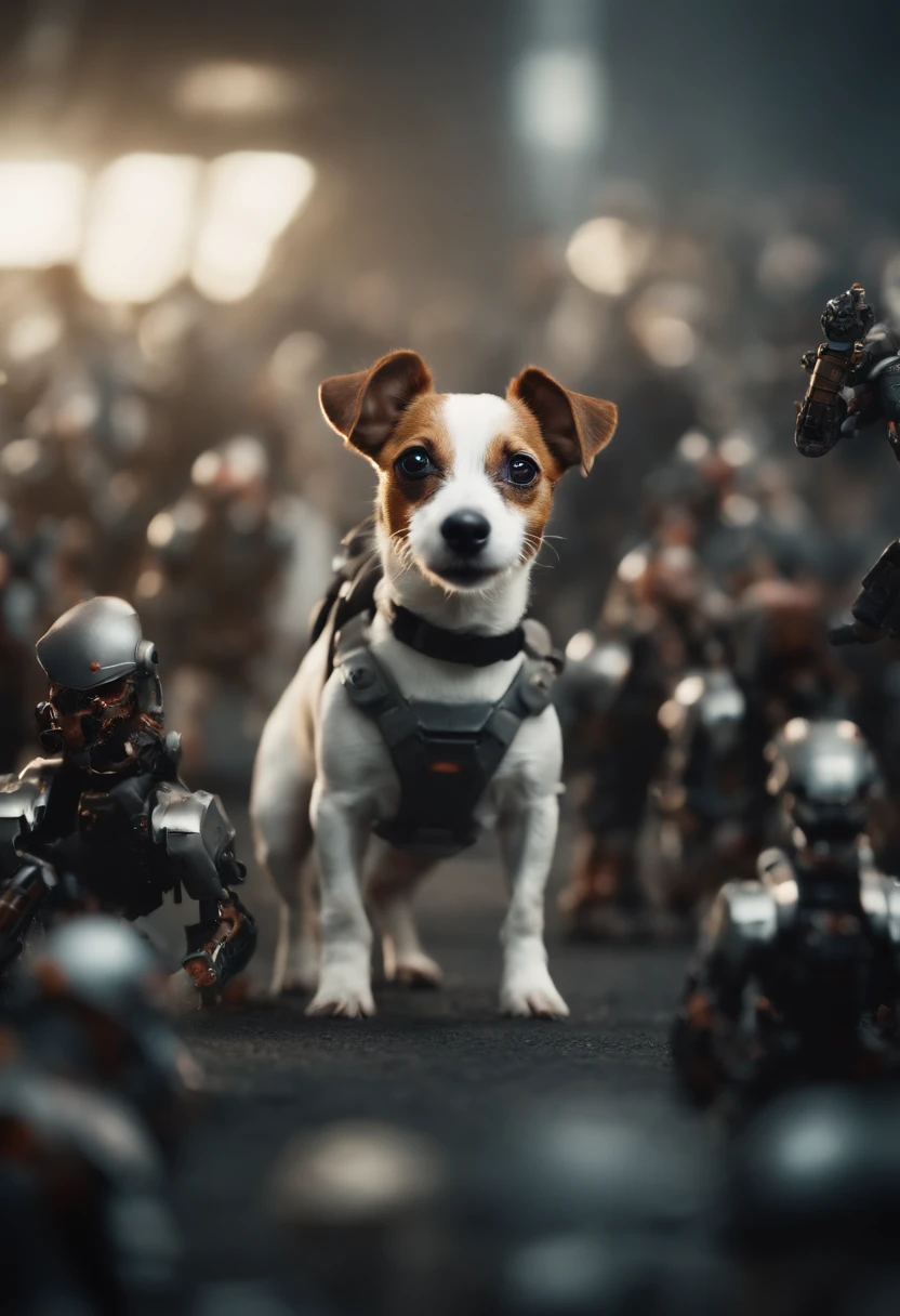 A small Jack Russel in a small scifi mech fighting against a zombie horde