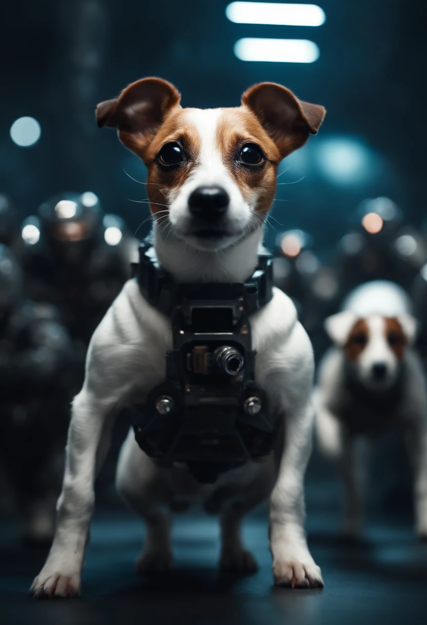 A small Jack Russel in a small scifi mech fighting against a zombie horde
