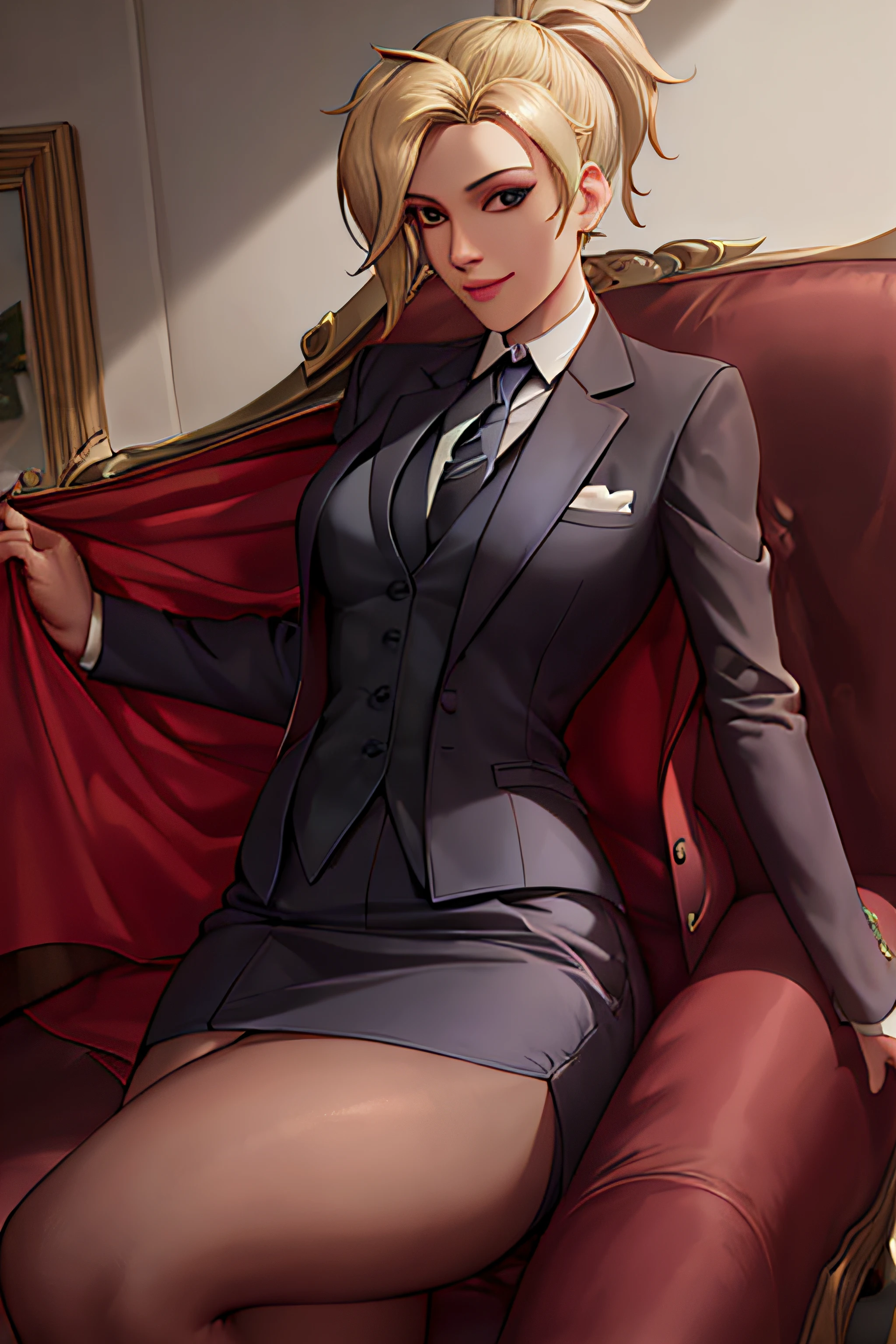 portrait, mercy, waist up, skirt suit, satin suit and tie, (((three-piece suit))), silk dress shirt, shirt and tie, silk floral necktie, ((blazer)), ((suit jacket)), open jacket, ((waistcoat)), bodycon miniskirt, tights, pocket square, tie clip,, no wings, high ponytail, looking at viewer, gentle smile, living room, best quality