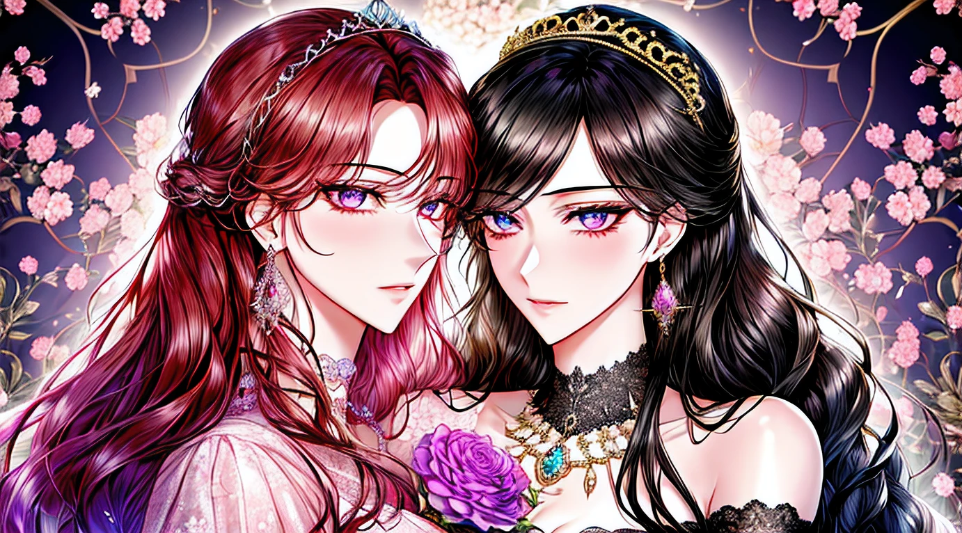 Kuroume_1024, ((shoujo-style, floral background, romance manhwa)), (close up), (2girls aligned:1.2), couple, black hair, brown hair, solo, long hair, flower, dress, thick eyeblows, flower, straight hair, blaid, closed mouth, collarbone, breast, (cleavage), puffy sleeves, white dress, purple dress, elbow gloves, earrings, necklace, (tiara), jewelry, golden, lace trimmed, bow, face focus, teasing, beautiful face, detailed eyes, detailed pupil, looking at viewer, all intricate