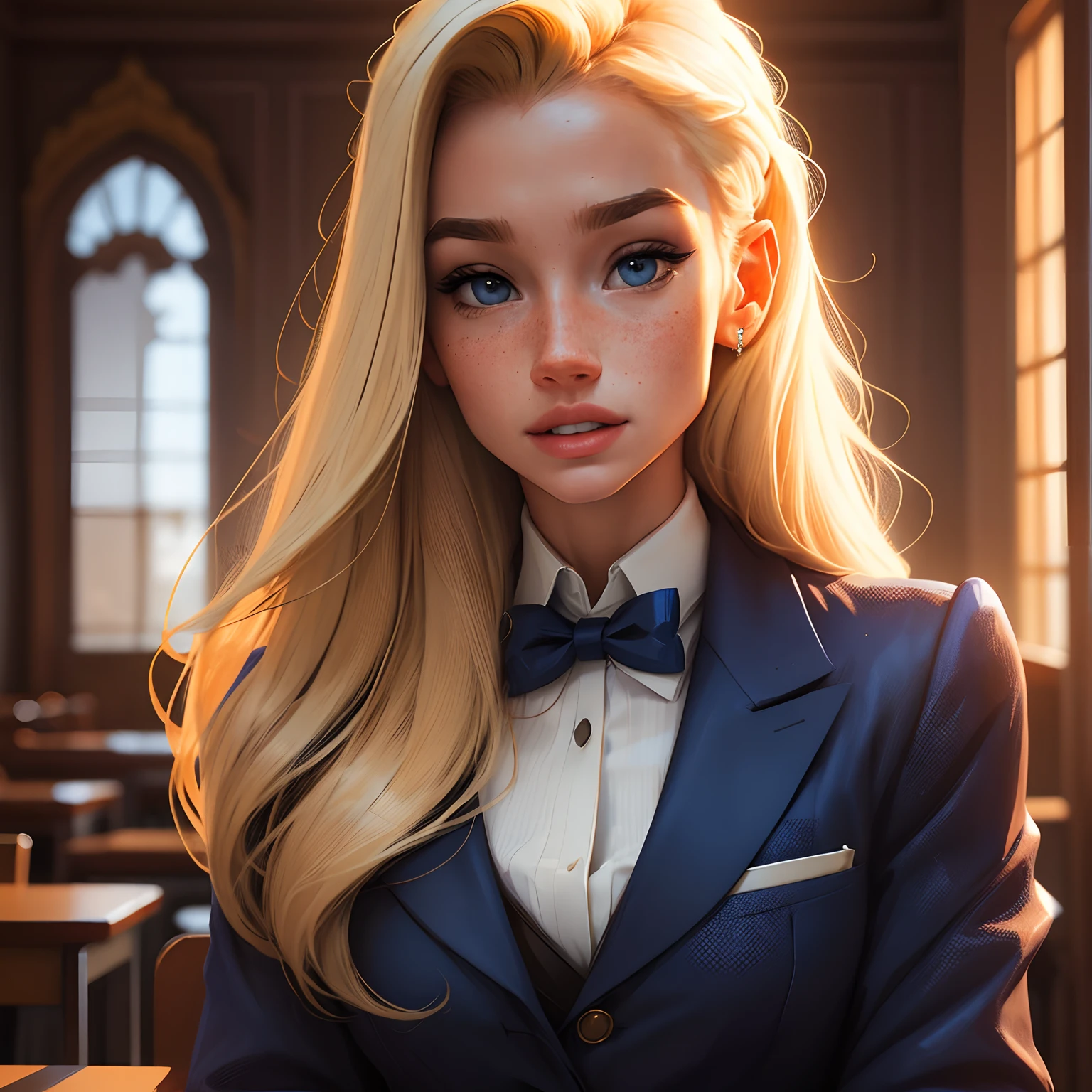 a blonde with freckles with a very attractive body , wearing a fancy royal blue school uniform and uxurious jewelry , Portair HD