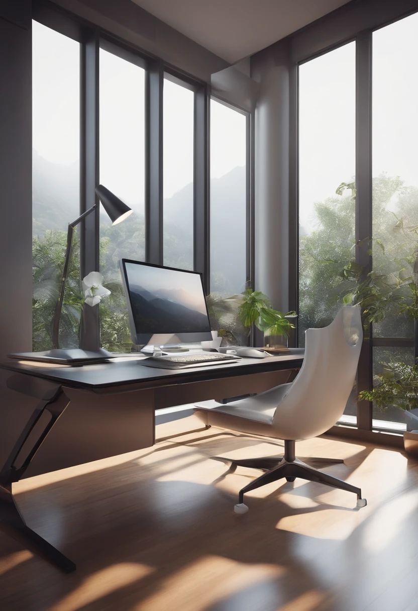 There is a computer desk with a monitor and a chair in front of it, Interior futurista, futuristic room, Apartamento retro futurista, Futuristic room background, Sala de estar de aspecto futurista, futuristic architectural art, Desktopografía, Sci - Aire interior, Arquitectura futurista detallada, gorgeous 3D rendering, Design of Origami Studio 3, Renderizado en Lumion Pro, Impresionante renderizado 3D