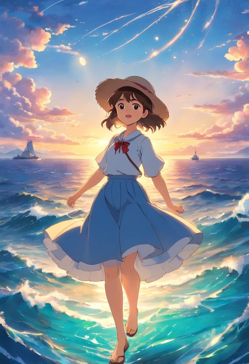 Beautiful sky、beatiful lights、Girl with a twisted skirt、Hats fly in the wind、Beautiful sea and light