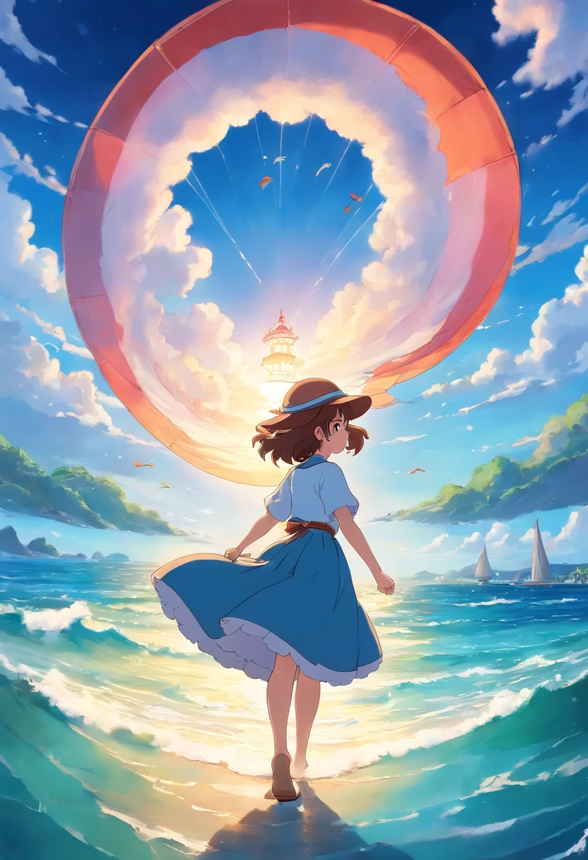 Beautiful sky、beatiful lights、Girl with a twisted skirt、Hats fly in the wind、Beautiful sea and light