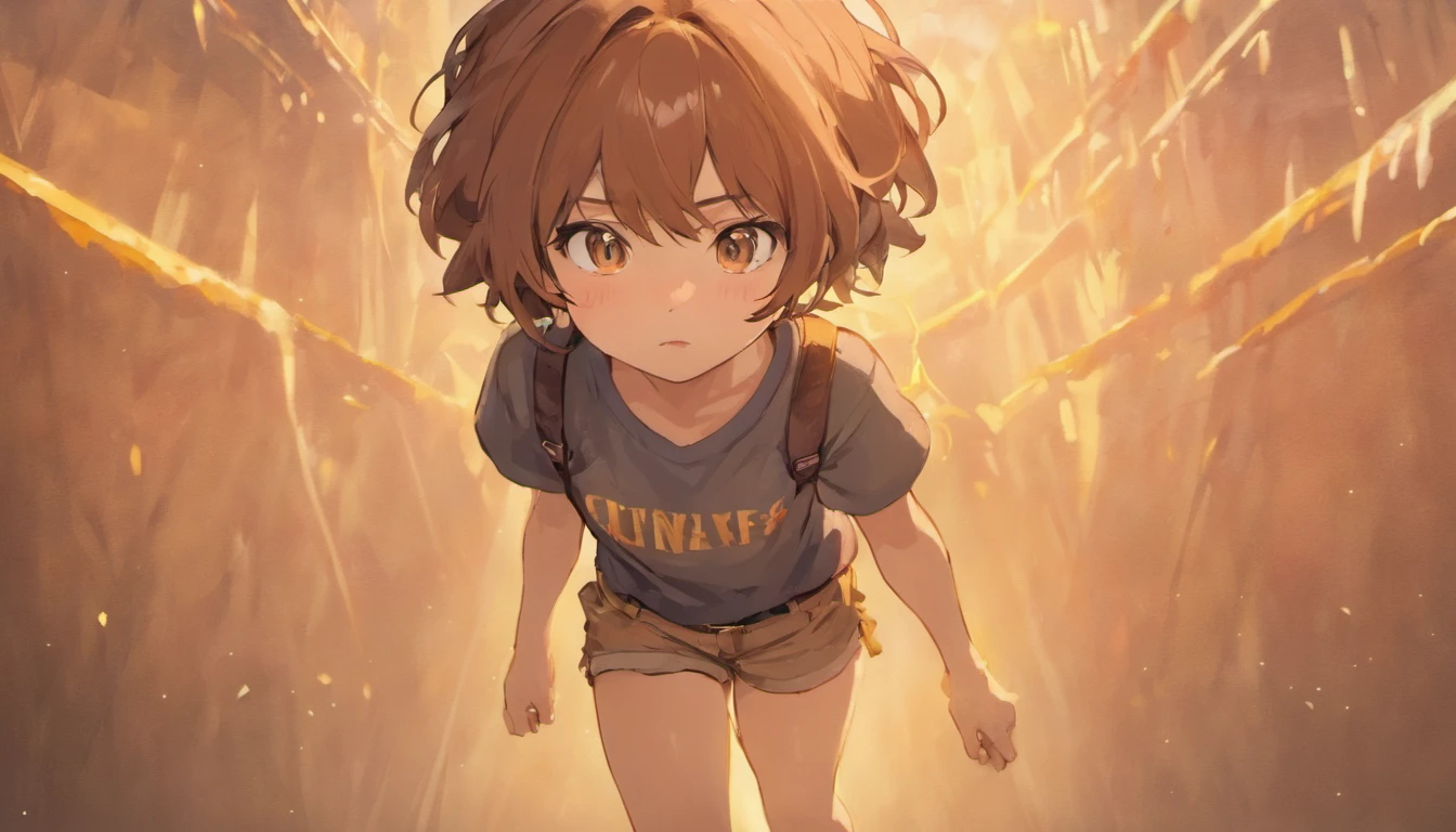desenho, menino de 5 anos, camiseta branca, Brown shorts above the knees, sapatos marrom, cabelos curtos e pretos, olhos cor de caramelo, desenho estilo disney e pixar,