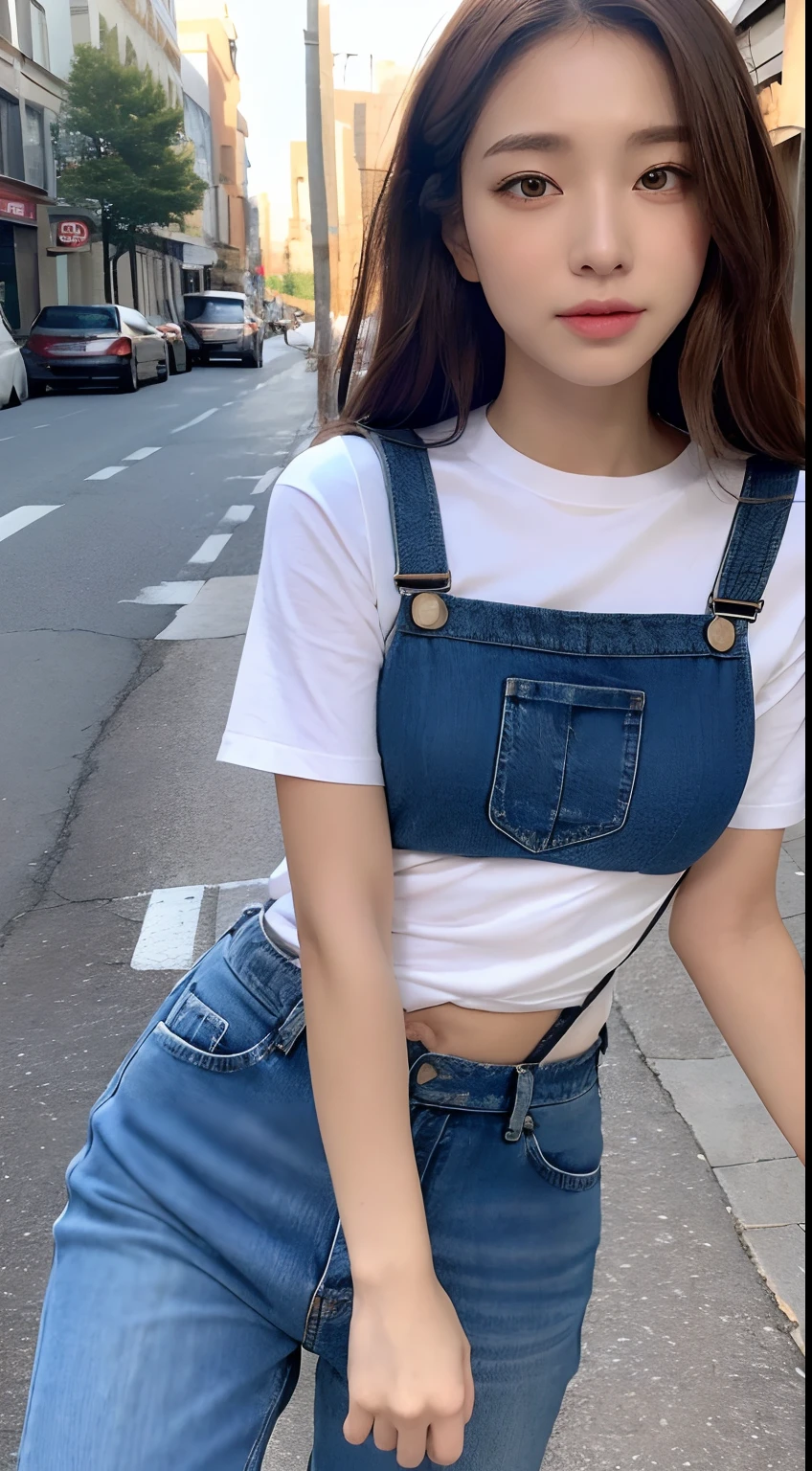 ((midynight, Need, 8k, tmasterpiece:1.3)), full bodyesbian, Long legs, Focalors:1.2, perfect figure beautiful woman:1.4, Slim abs:1.1, ((Dark brown hair, 1.2 )), (white tight t-shirt, Denim suspenders, standing on your feet:1.2), the street, Highly detailed facial and skin texture, A detailed eye, 二重まぶた