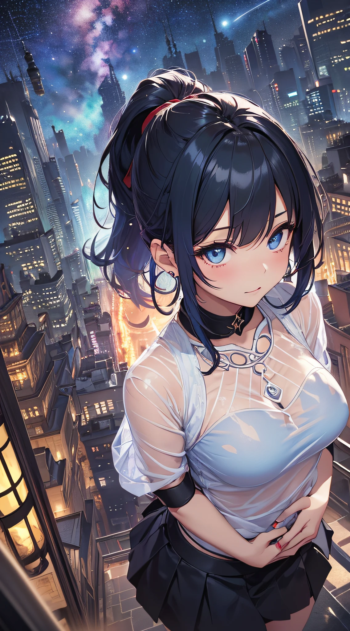 top-quality、Top image quality、​masterpiece、girl with((cute little、18year old、Best Bust、Medium bust、Bust 85,Beautiful blue eyes、Breasts wide open,Black Short Sleeve T-Shirt、White see-through、Black short skirt、Ponytail with black hair、Beautiful blue earrings、A slender、Blue hair mesh、、Leaning forward、Poses that emphasize breasts、Drunk、Being drunk、close to viewer、Kamimei、From  above、Shy face、dye one's cheeks red、POV、Hugging)）hiquality、Beautiful Art、Background with((Red and blue lighting、Planetarium Town、Beautiful starry sky、Illumination Town)),masutepiece、Elaborate design、visualart、depth of fields、The best lighting、highestdetailed、8ｋ