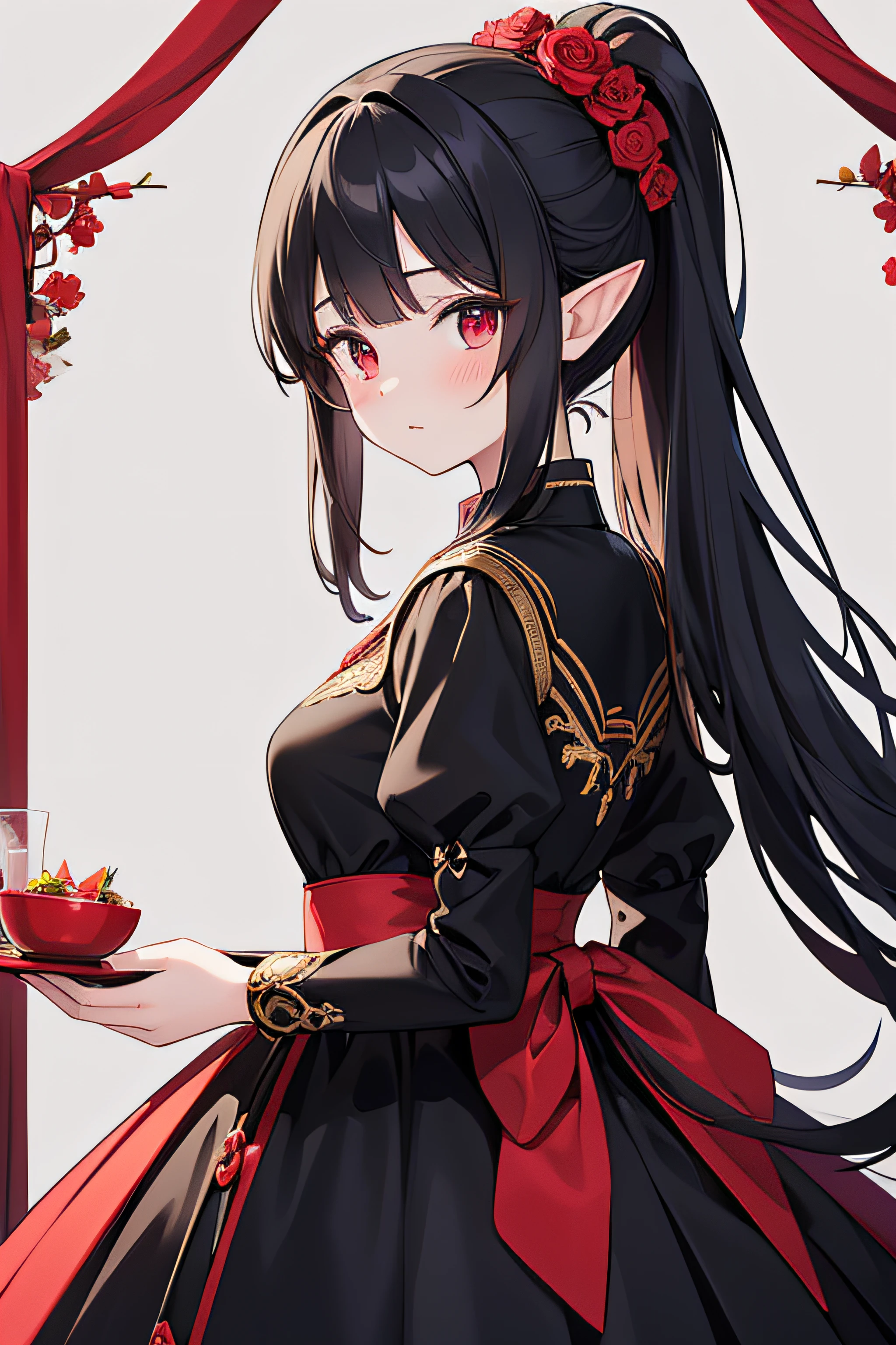 masterpiece, best quality, highres, 1girl, black red dress like princess, wearing a noble's dress, elegant dress, princess, elf, long hair, outdour, background red dark flower, ponytail, hair tied with a rope with red dice accessories, red eye, 20age, anime style, black hair with red inside, loking forward, loking at camera, loking at viewer, closeup