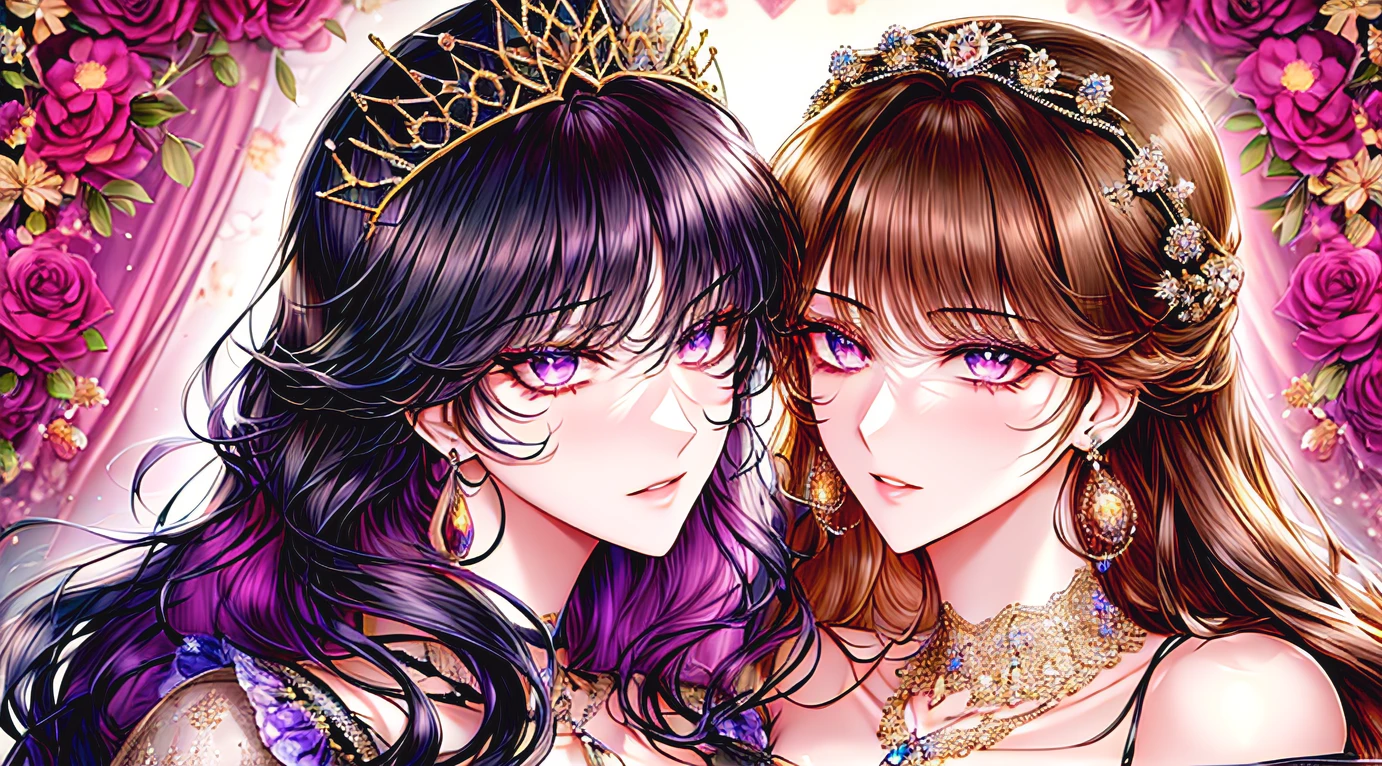 Kuroume_1024, ((shoujo-style, floral background, romance manhwa)), (close up), (2girls aligned:1.2), couple, black hair, brown hair, solo, long hair, flower, dress, thick eyeblows, flower, straight hair, blaid, closed mouth, collarbone, breast, (cleavage), puffy sleeves, white dress, purple dress, elbow gloves, earrings, necklace, (tiara), jewelry, golden, lace trimmed, bow, face focus, teasing, beautiful face, detailed eyes, detailed pupil, looking at viewer, all intricate