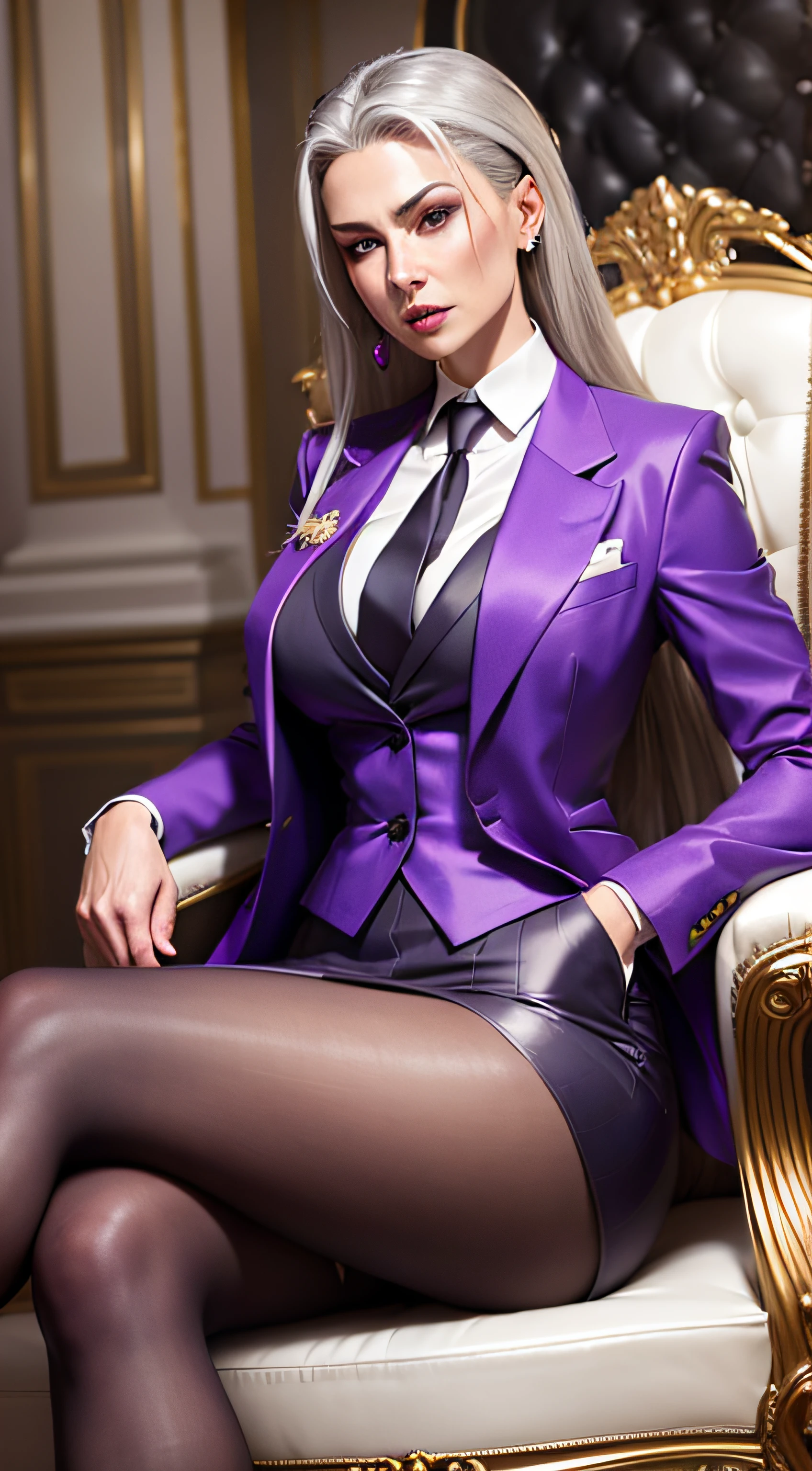 1 woman, SFW, perfect lighting, seios grandes,
gray hair
Sindel's Hair
long hair pulled back
Long, straight hair back
multicolored hair,
Sindel, 8k, perfect hands,((obra-prima)), purple skirt suit, satin suit and tie, (((three-piece suit))), silk dress shirt, shirt and tie, silk floral necktie, ((blazer)), ((suit jacket)), open jacket, ((waistcoat)), bodycon miniskirt, tights, pocket square, tie clip, | |
microvestido, MILF, sitting on throne, queen, empress, crossed legs, high class, sneer, disgust