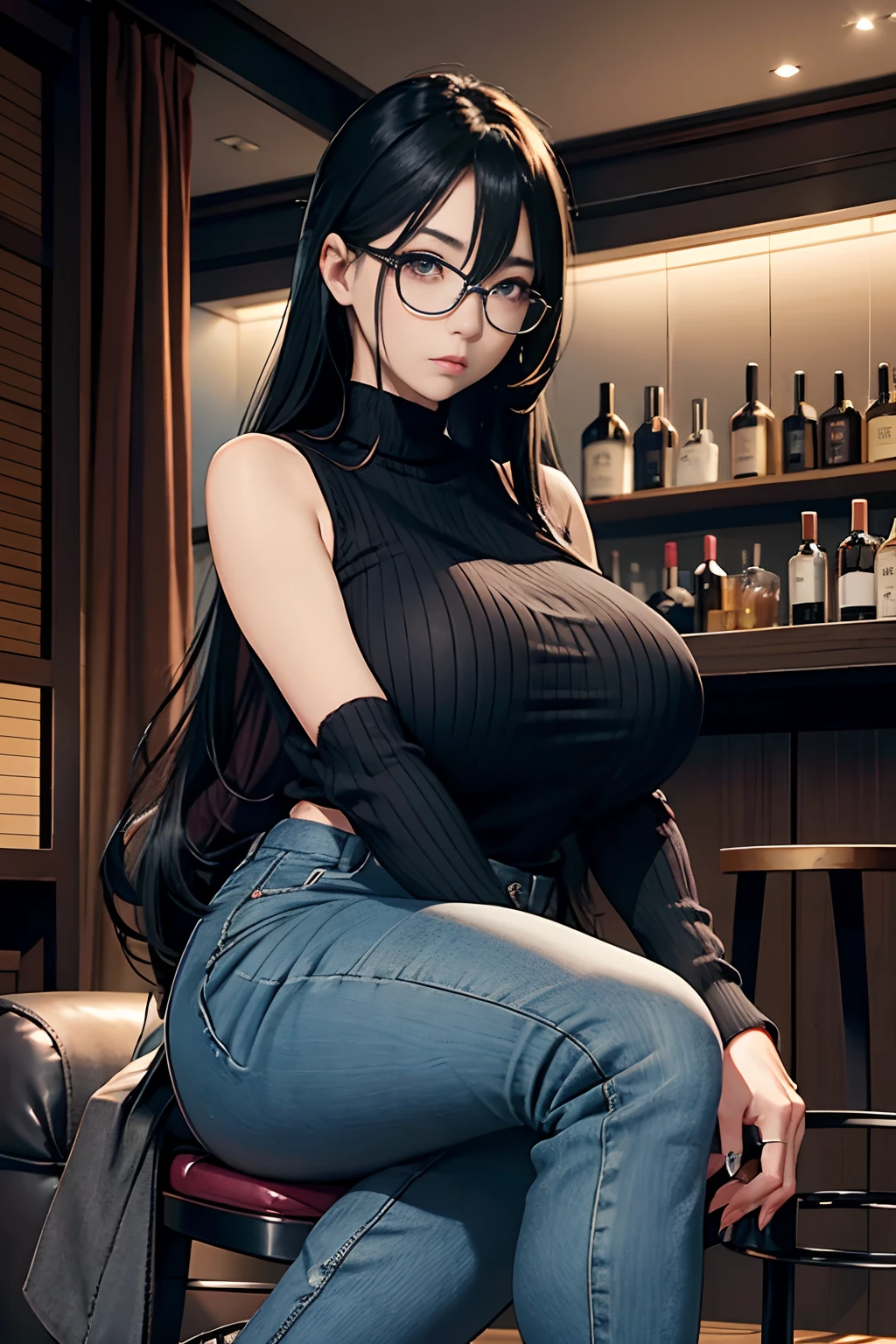 japanes　OL 、A dark-haired　Longhaire、eye glass、Sleeveless　Gray knitwear、high-waisted　Blue jeans、Wearing black high heels、Colossal tits、gargantuan butt、Moody BAR、Wearing Wedding Rings　wrist watch、embarassed face、Sitting on a chair　Holding a cocktail glass