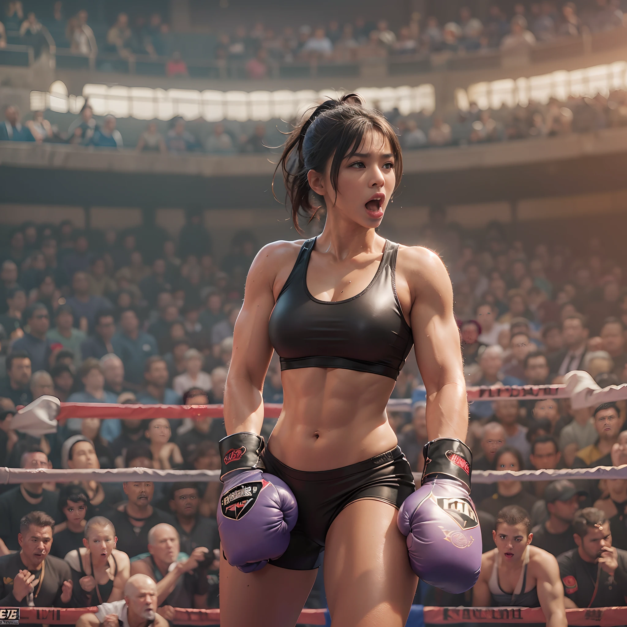 8k, best quality, masterpiece, realistic, real person, Unity 8k wallpaper, (1 girl) , Beautiful eyes, (Delicate face) , Perfect detail, (best lighting) , (super complex details) , (boxing girl) , (sexy), sweat, heavy breathing, ((screaming with big mouth open))))(oppressive aggression) , (boxing ring), athletic shorts, perfect detail, perfect fingers, perfect limbs, impact, (shiny skin), abs, muscles, big tits, waistline,boxing shorts, fist fight, black hair, high ponytail, very long hair, 4k unified, (super detail cg: 1.2), (8k: 1.2), realistic, octane rendering, (((martial arts tournament at the Greek Colosseum))), sunshine strong, audience seats are super full