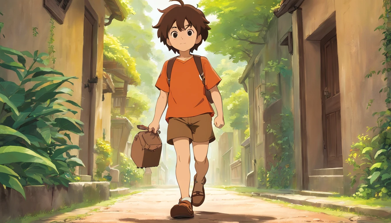  de 5 anos, olhar meigo, camiseta branca, Brown shorts above the knees, sapato marrom, cabelo curto e preto, olhos cor de caramelo