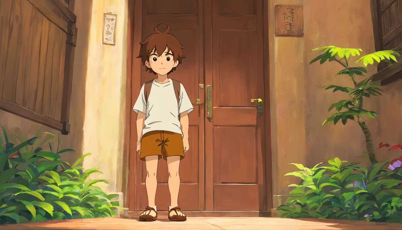 de 5 anos, olhar meigo, camiseta branca, Brown shorts above the knees, sapato marrom, cabelo curto e preto, olhos cor de caramelo