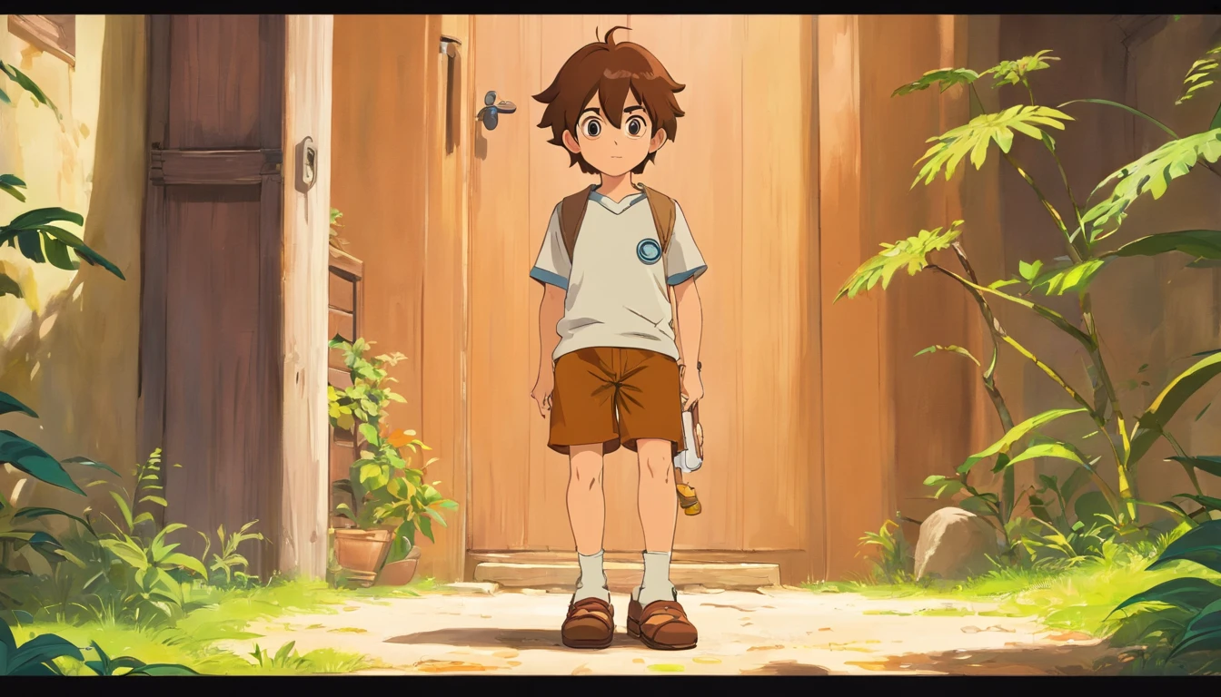 menino de 5 anos, olhar meigo, camiseta branca, Brown shorts above the knees, sapato marrom, cabelo curto e preto, olhos cor de caramelo