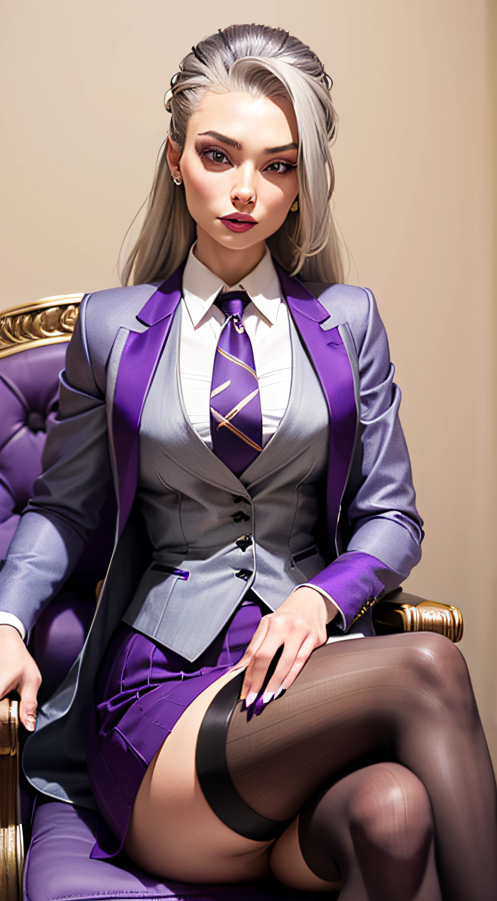 1 woman, SFW, perfect lighting, seios grandes,
gray hair
Sindel's Hair
long hair pulled back
Long, straight hair back
multicolored hair,
Sindel, 8k, perfect hands,((obra-prima)), purple skirt suit, satin suit and tie, (((three-piece suit))), silk dress shirt, shirt and tie, silk floral necktie, ((blazer)), ((suit jacket)), open jacket, ((waistcoat)), bodycon miniskirt, tights, pocket square, tie clip, | |
microvestido, MILF, sitting on throne, queen, empress, crossed legs, high class,