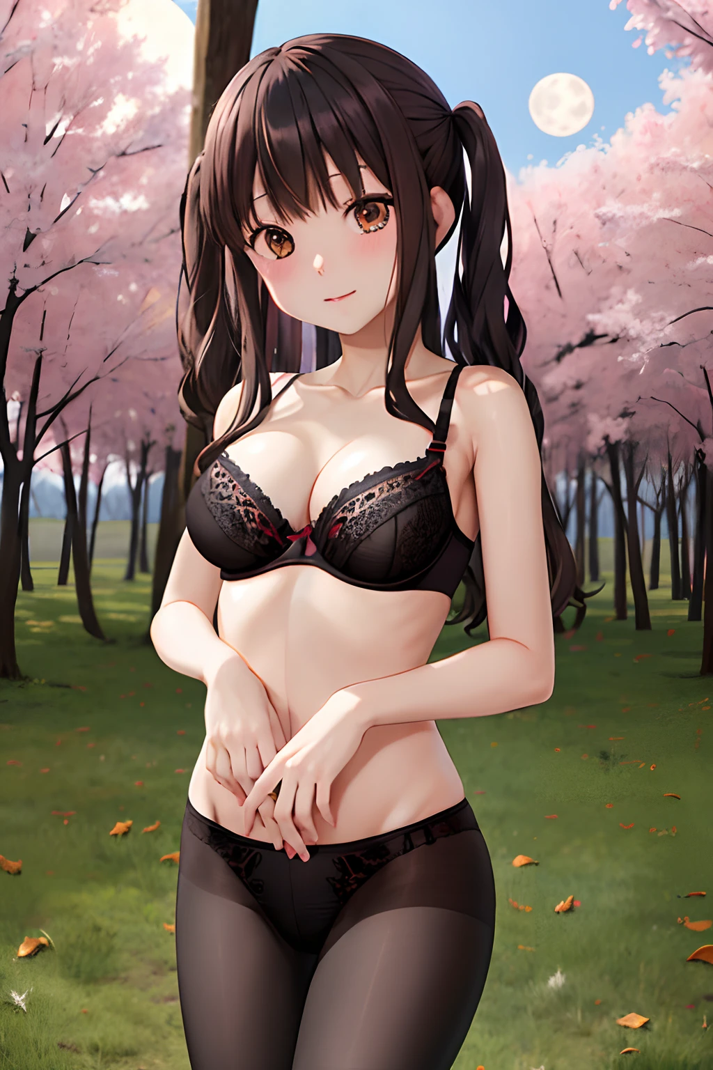 masutepiece, Best Quality, hight resolution, HMKH1, Black pantyhose, Cowboy Shot、fullmoon、Colored leaves、self lift、Photo from below、((Black underwear))、((Black bra))
