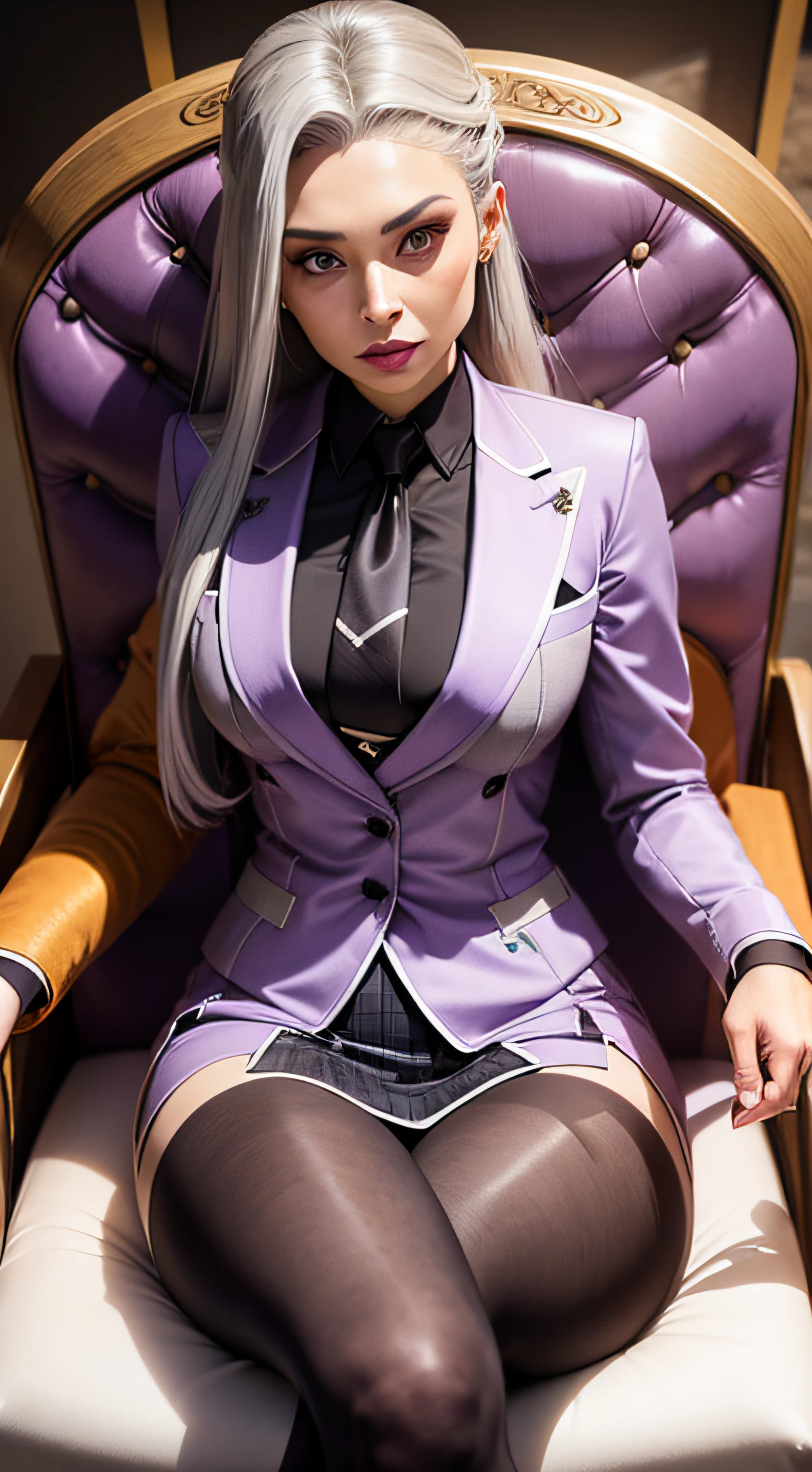 1 woman, SFW, perfect lighting, seios grandes,
gray hair
Sindel's Hair
long hair pulled back
Long, straight hair back
multicolored hair,
Sindel, 8k, perfect hands,((obra-prima)), purple skirt suit, satin suit and tie, (((three-piece suit))), silk dress shirt, shirt and tie, silk floral necktie, ((blazer)), ((suit jacket)), open jacket, ((waistcoat)), bodycon miniskirt, tights, pocket square, tie clip, | |
microvestido, MILF, sitting on throne, queen, empress, crossed legs, high class,