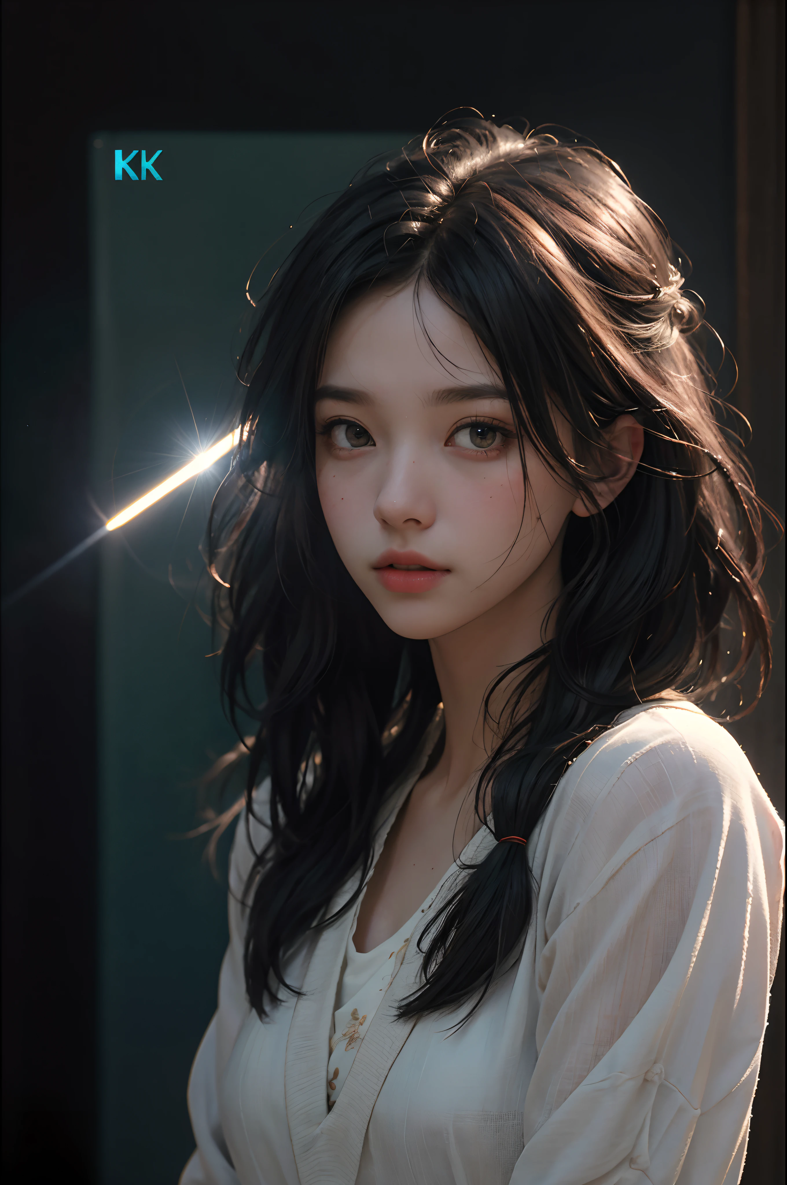 (RAW photo, best quality), (realistic, photo-realistic:1.3),best quality,highly detailed,masterpiece,ultra-detailed,illustration,1girl,upper_body,dynamic angle,world masterpiece theater,messy_long_hair,best quality,extremely detailed CG unity 8k wallpaper,ink,Amazing,cinematic lighting,lens_flare, dunhuang_style