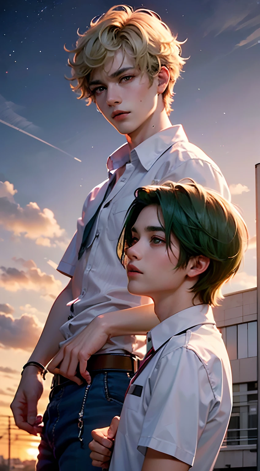 (​master piece:1.4、top-quality)、Two young gay couple men facing each other、(Cool young man with very short blonde hair and red eyes white shirt:1.2)、(Cute slender young man with green hair and big eyes white shirt:1.2)、Dynamic Poses、red blush、beautiful night sky on background