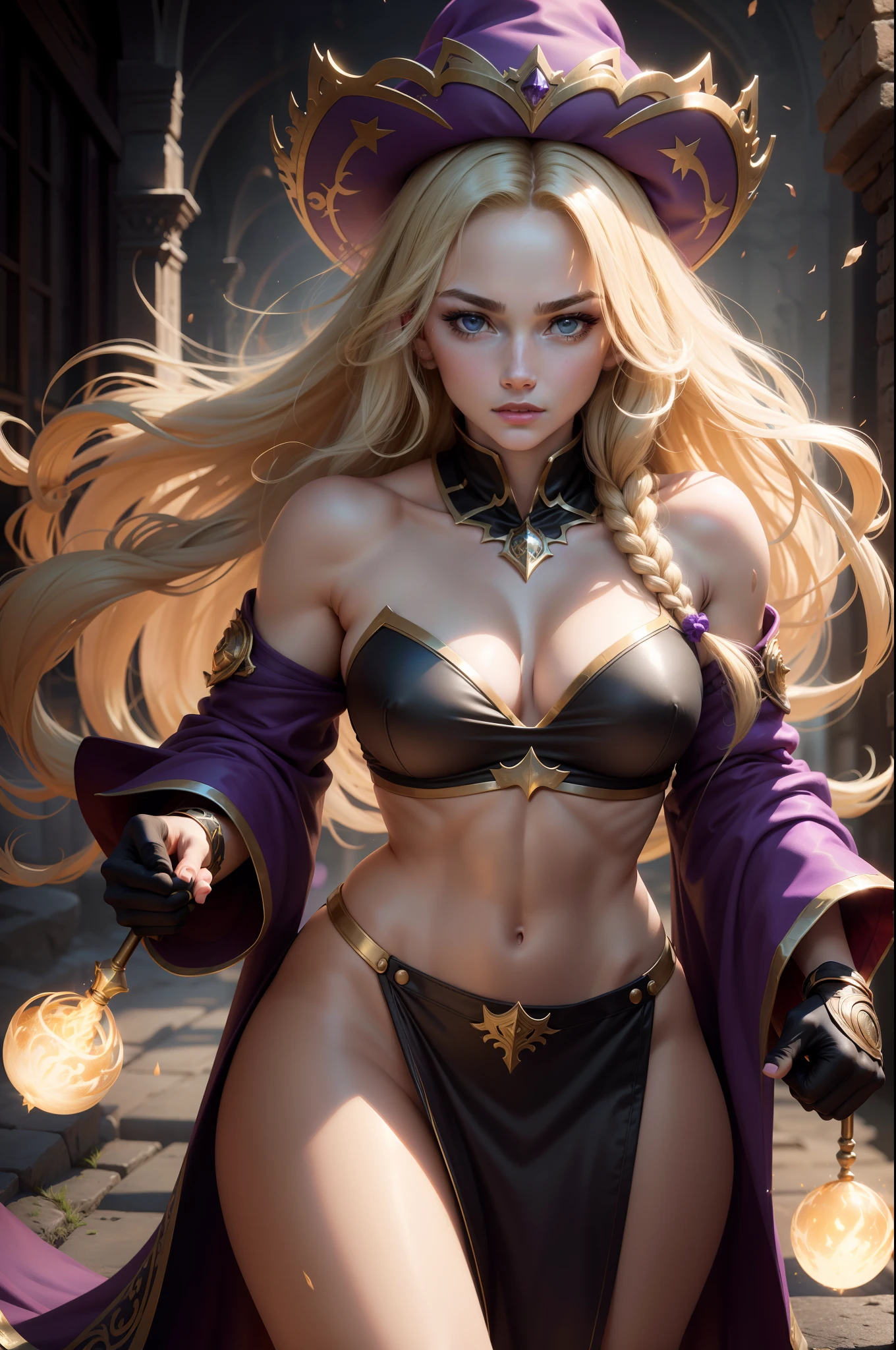 (8K,Photorealsitic　Raw photography　top-quality;1.4) 　(1girl in)　Super beauty　(Lifelike face)　Muscular and macho female body　(Blonde with long curls)　Hold up a black and red magic wand　combat scene　Magic hat with black and purple and gold exterior　Beautiful expression　glareing　(real looking skin)　(sorcerer)　enticing　超A high resolution　A hyper-realistic　high detal　fully body photo　ruins